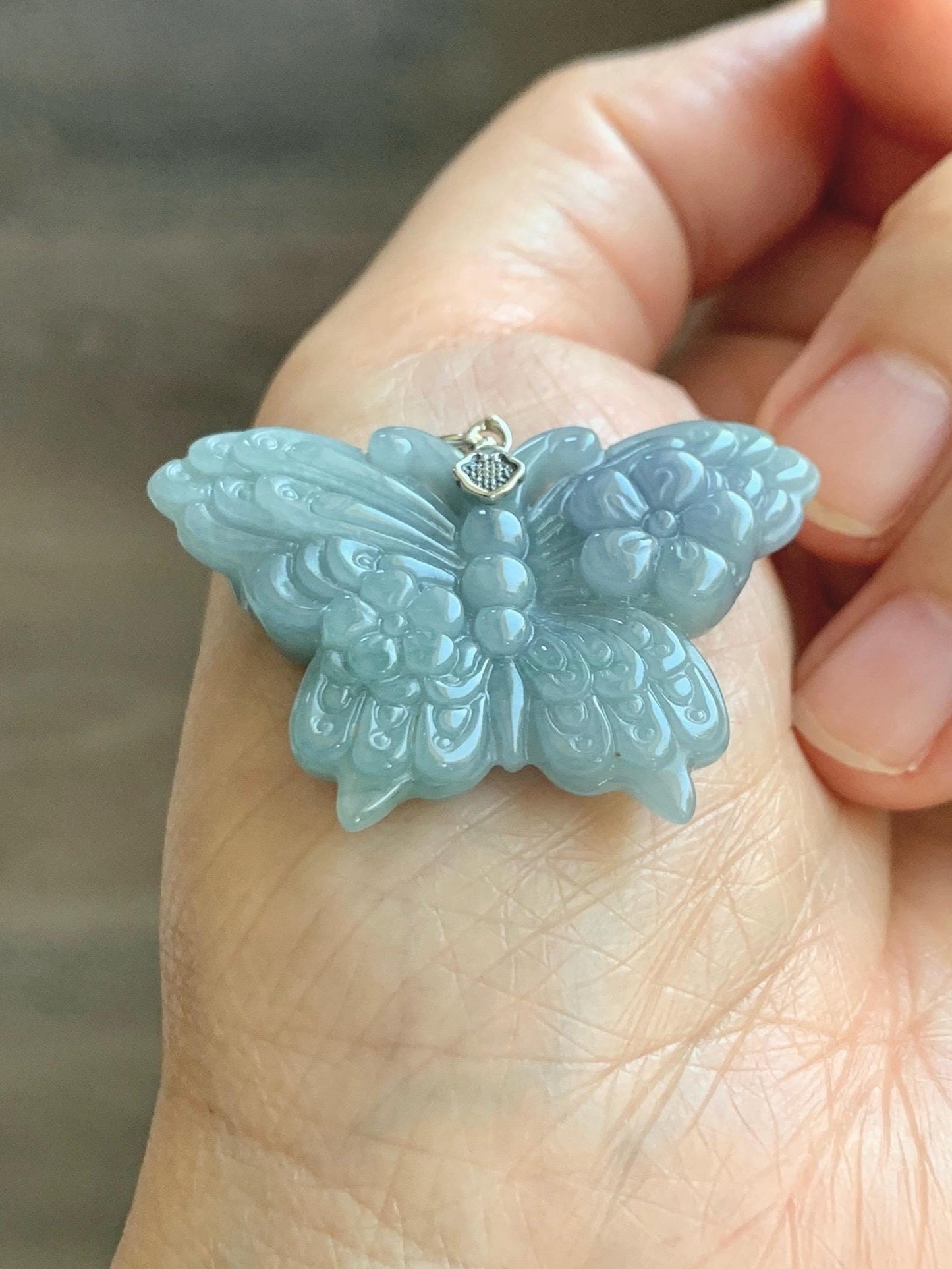 Natural Type A Guatemalan Icy Translucent Light Dusty Blue Purple Marbled Jadeite Butterfly Pendant Sterling Silver 天然冰危暗蓝飘紫翡翠蝴蝶吊坠 WHZ110A