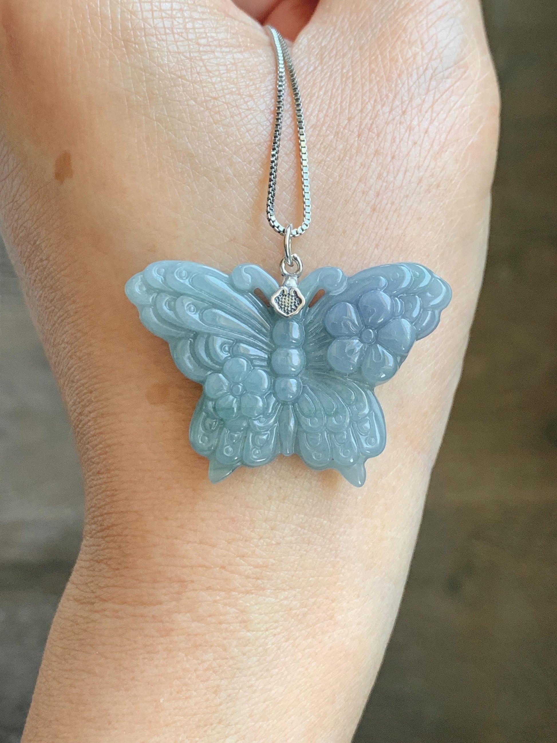 Natural Type A Guatemalan Icy Translucent Light Dusty Blue Purple Marbled Jadeite Butterfly Pendant Sterling Silver 天然冰危暗蓝飘紫翡翠蝴蝶吊坠 WHZ110A