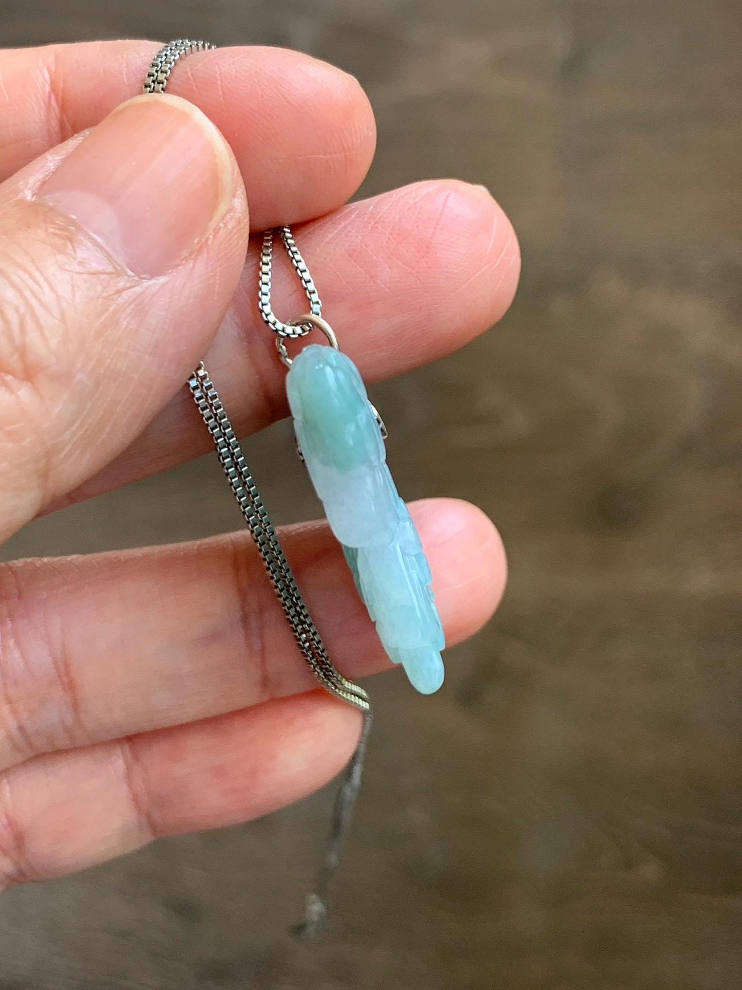 Natural Grade A Translucent Pastel Green & White Marbled Jade Jadeite Carved Butterfly Pendant Sterling Silver 8g 天然晴底加白翡翠蝴蝶吊坠 MHZ110B