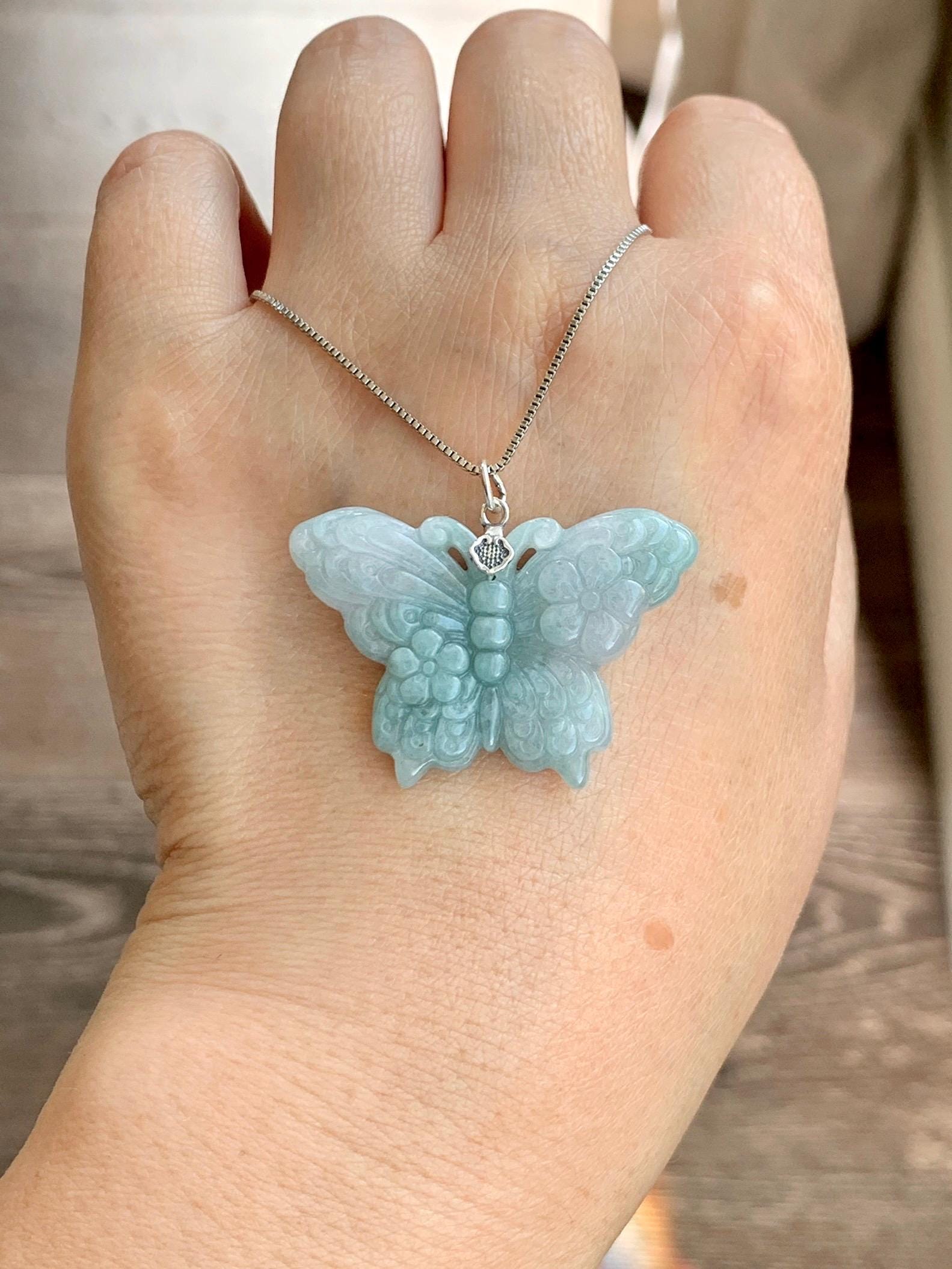 Natural Grade A Translucent Pastel Green & White Marbled Jade Jadeite Carved Butterfly Pendant Sterling Silver 8g 天然晴底加白翡翠蝴蝶吊坠 MHZ110B