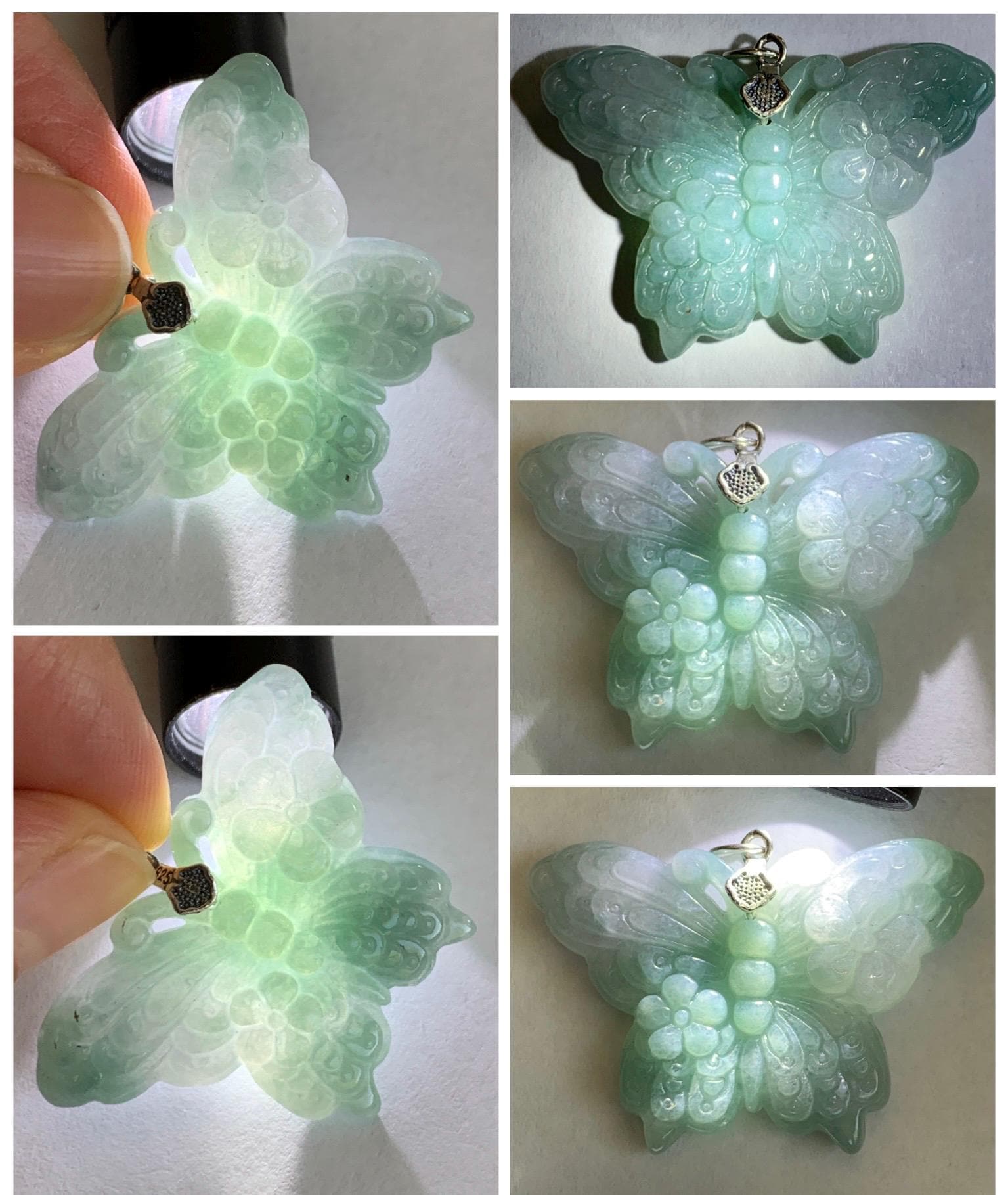 Natural Grade A Translucent Pastel Green & White Marbled Jade Jadeite Carved Butterfly Pendant Sterling Silver 8g 天然晴底加白翡翠蝴蝶吊坠 MHZ110B
