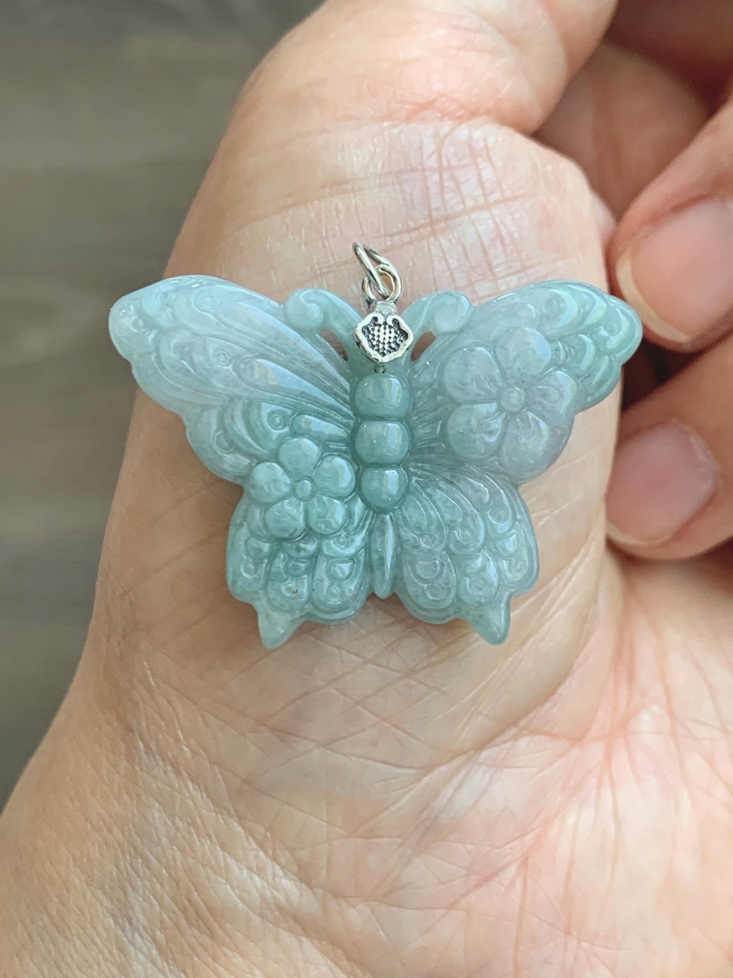 Natural Grade A Translucent Pastel Green & White Marbled Jade Jadeite Carved Butterfly Pendant Sterling Silver 8g 天然晴底加白翡翠蝴蝶吊坠 MHZ110B