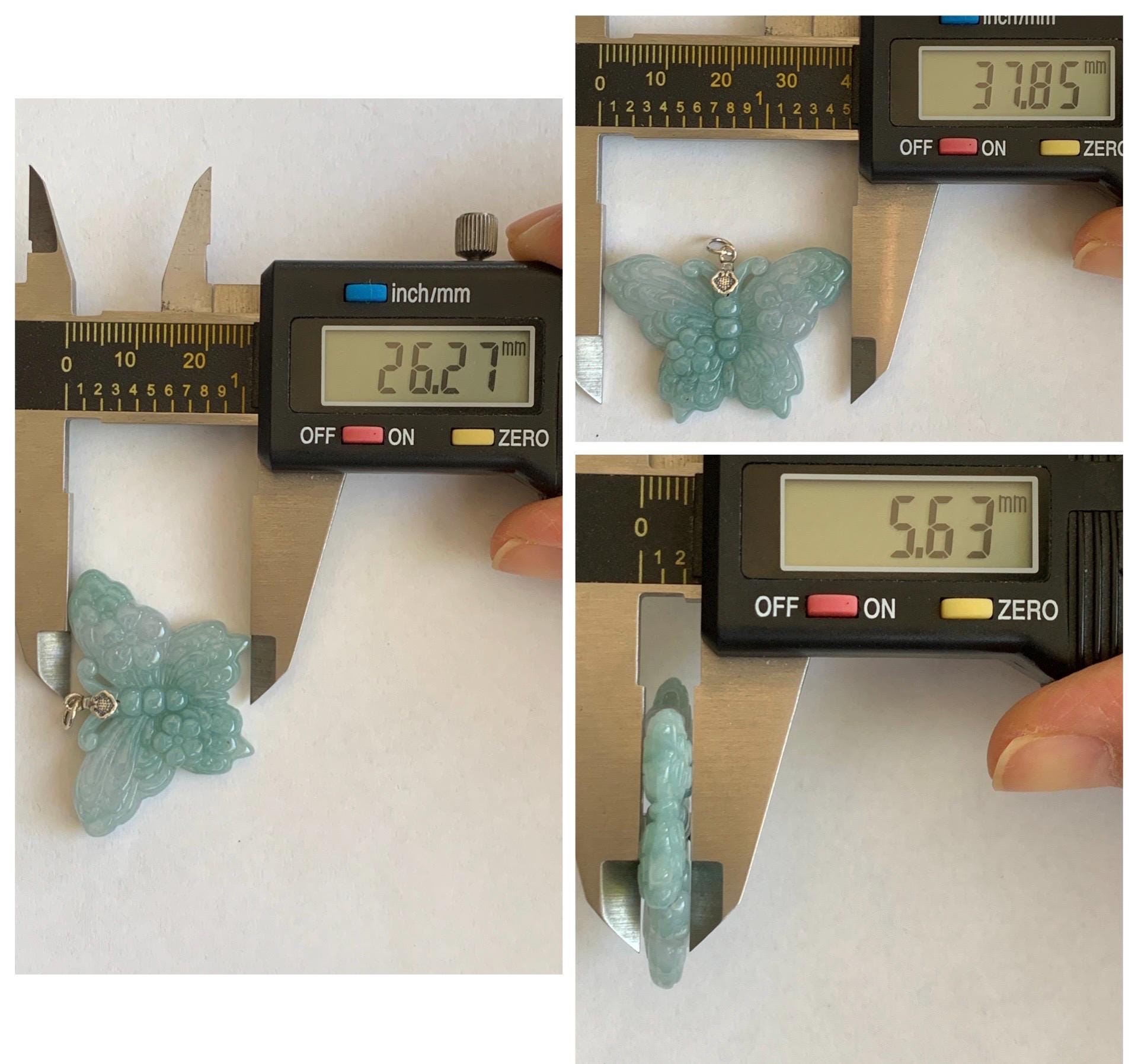 Natural Grade A Translucent Pastel Green & White Marbled Jade Jadeite Carved Butterfly Pendant Sterling Silver 8g 天然晴底加白翡翠蝴蝶吊坠 MHZ110B