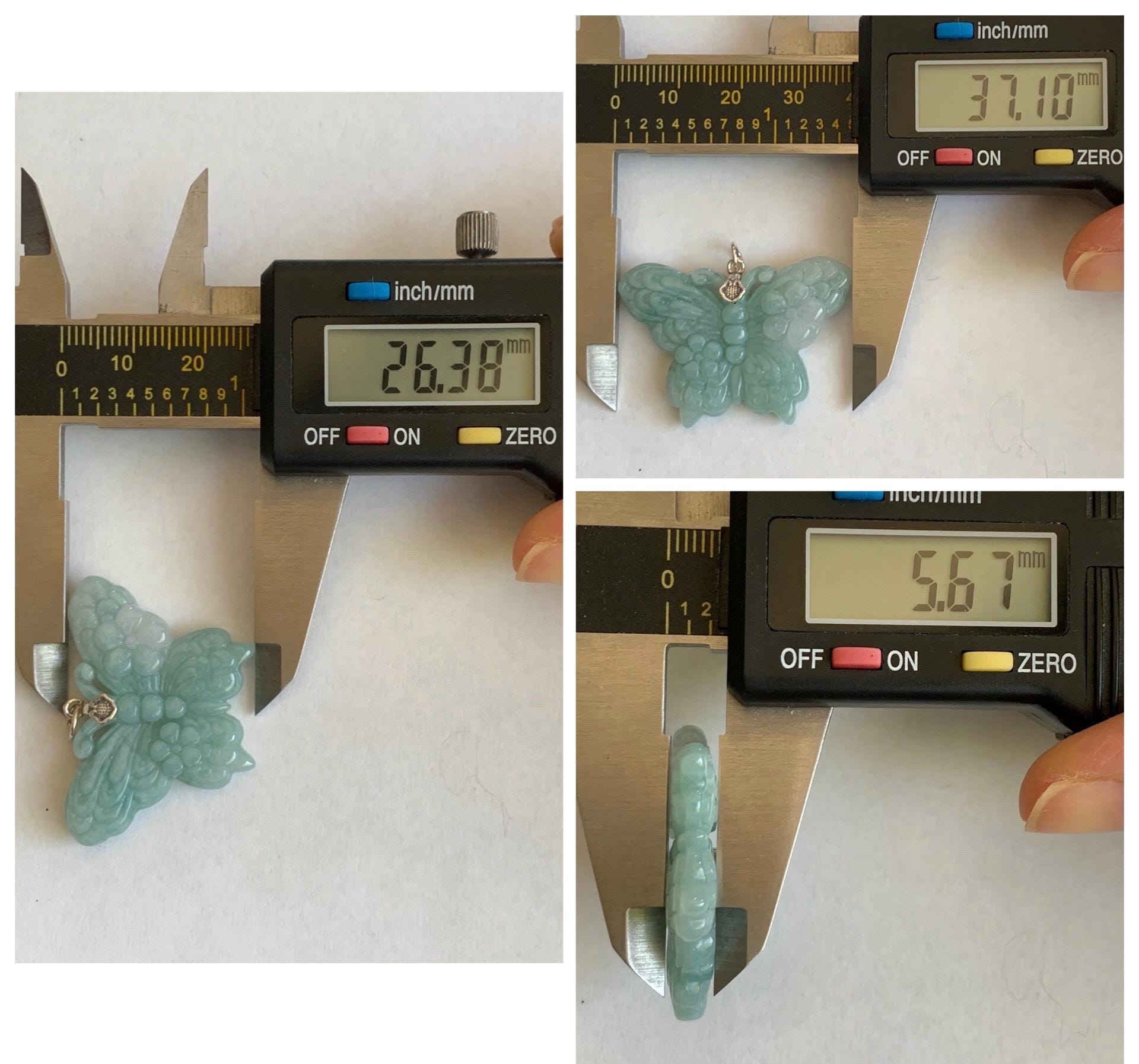 Natural Grade A Translucent Pastel Green & White Marbled Jade Jadeite Carved Butterfly Pendant Sterling Silver 8g 天然晴底加白翡翠蝴蝶吊坠 MHZ110A