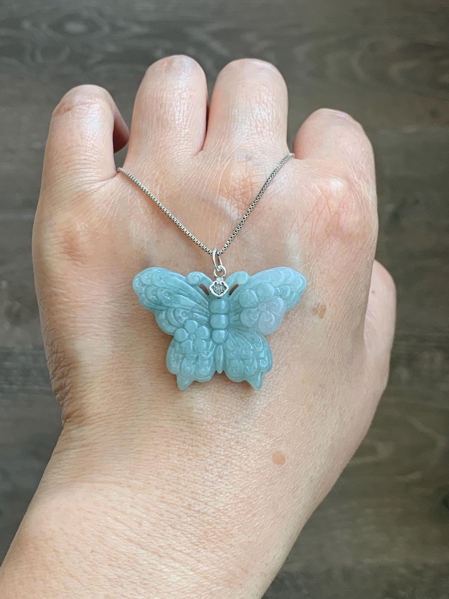 Natural Grade A Translucent Pastel Green & White Marbled Jade Jadeite Carved Butterfly Pendant Sterling Silver 8g 天然晴底加白翡翠蝴蝶吊坠 MHZ110A