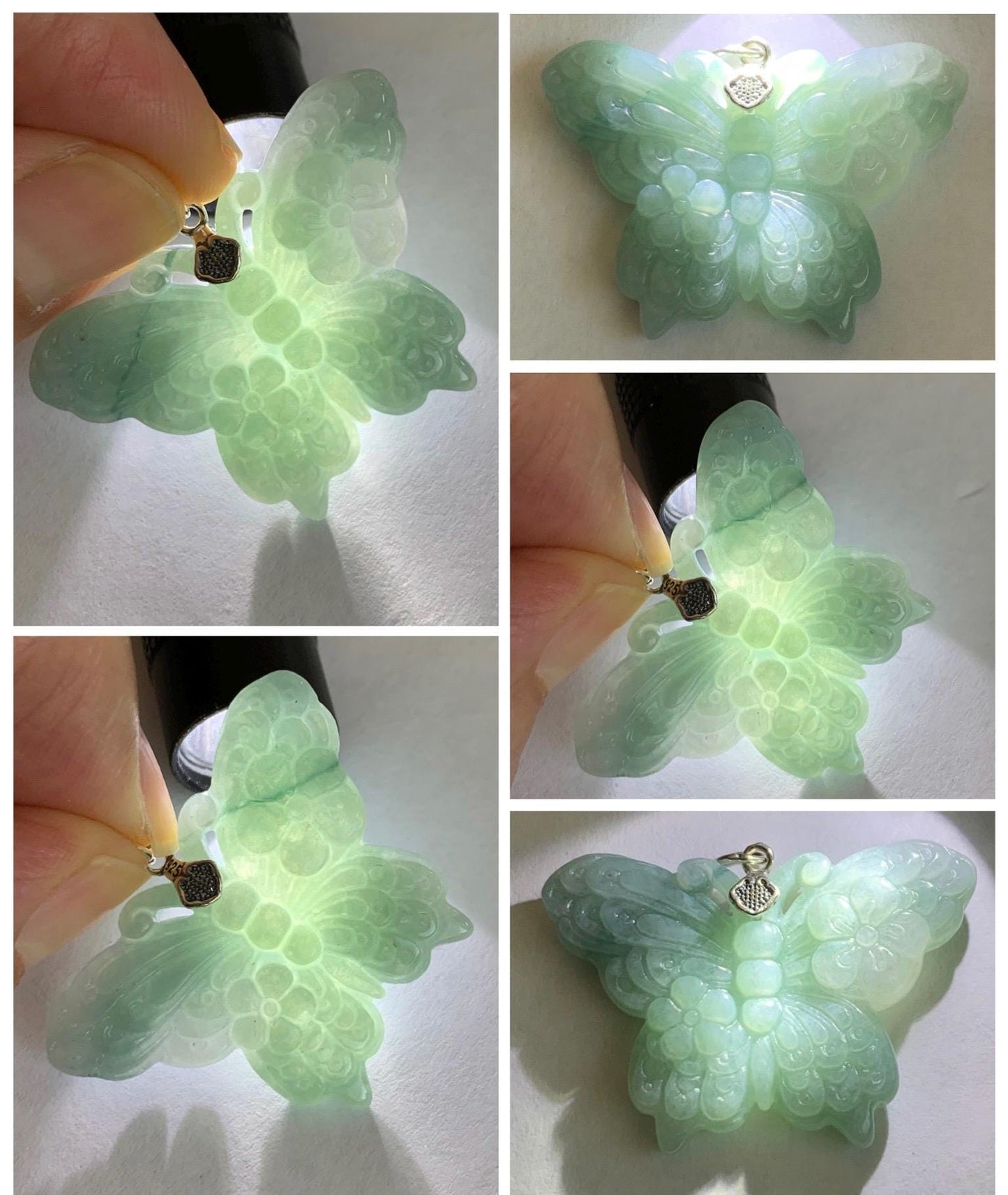 Natural Grade A Translucent Pastel Green & White Marbled Jade Jadeite Carved Butterfly Pendant Sterling Silver 8g 天然晴底加白翡翠蝴蝶吊坠 MHZ110A