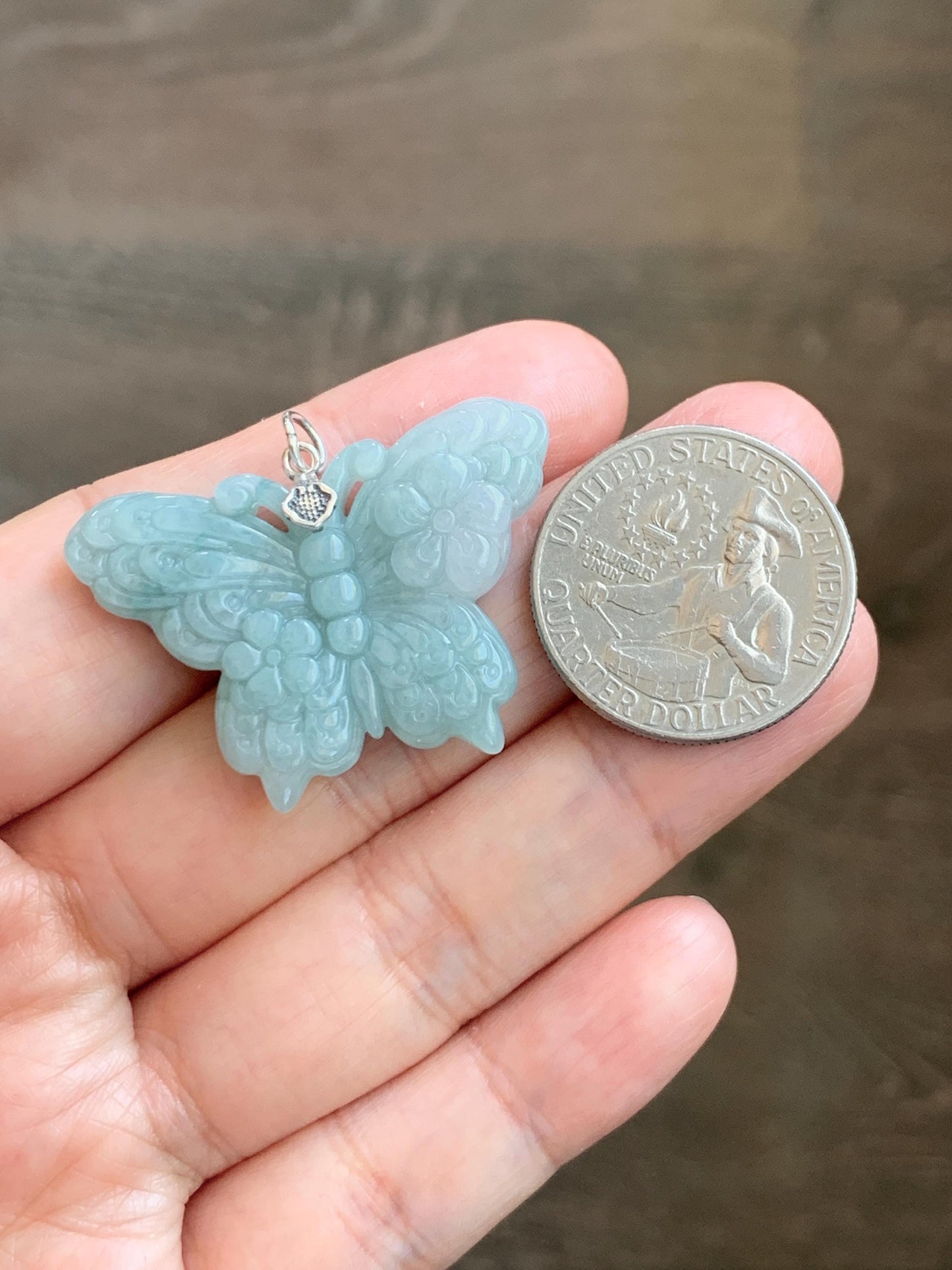 Natural Grade A Translucent Pastel Green & White Marbled Jade Jadeite Carved Butterfly Pendant Sterling Silver 8g 天然晴底加白翡翠蝴蝶吊坠 MHZ110A