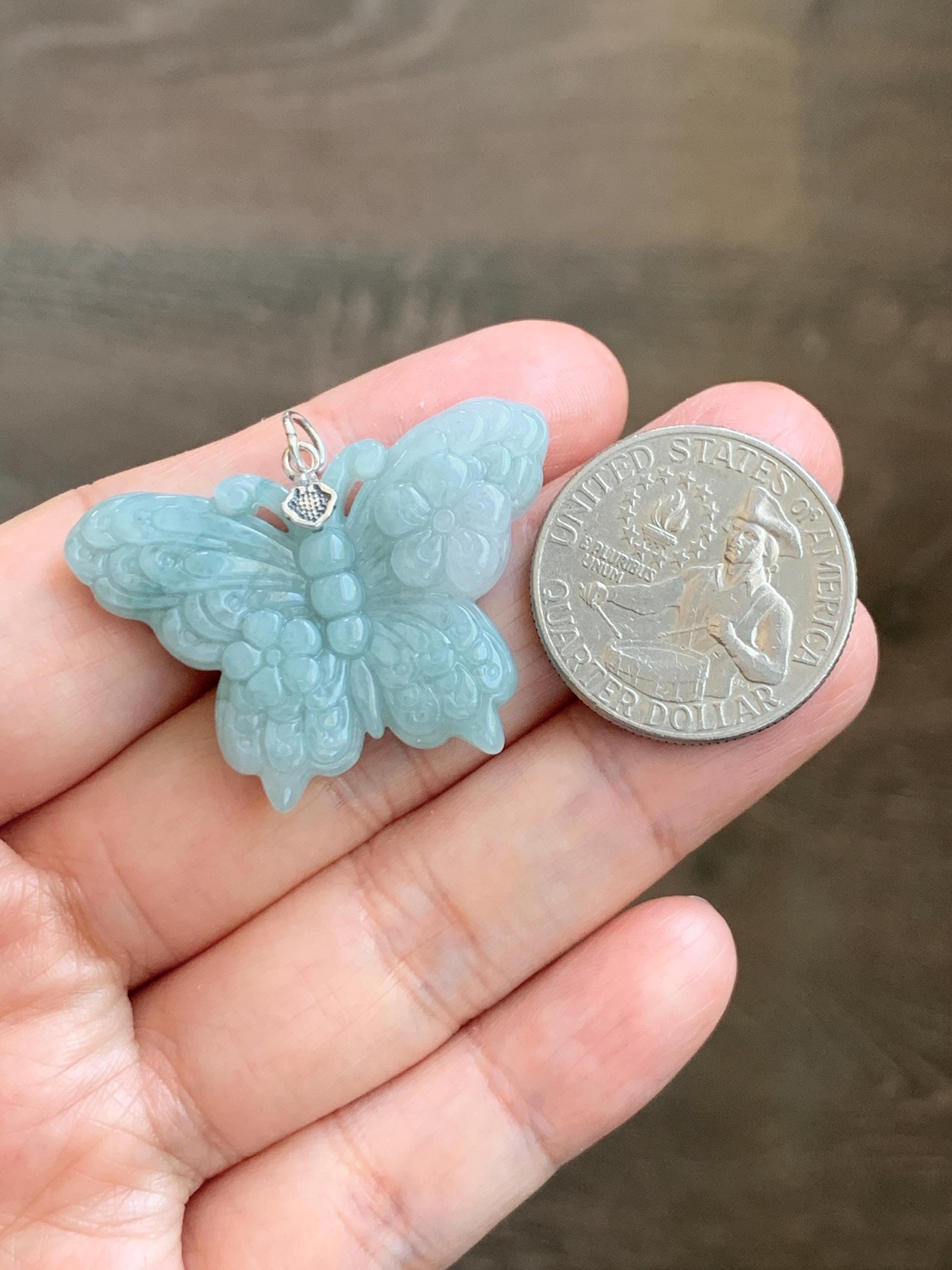 Natural Grade A Translucent Pastel Green & White Marbled Jade Jadeite Carved Butterfly Pendant Sterling Silver 8g 天然晴底加白翡翠蝴蝶吊坠 MHZ110A