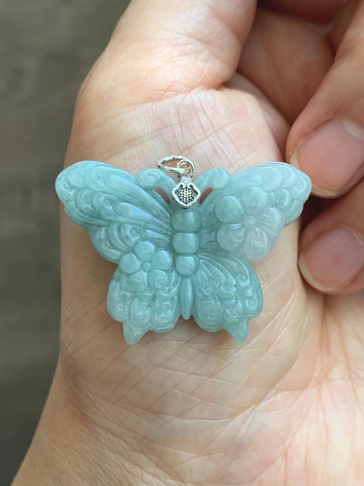 Natural Grade A Translucent Pastel Green & White Marbled Jade Jadeite Carved Butterfly Pendant Sterling Silver 8g 天然晴底加白翡翠蝴蝶吊坠 MHZ110A