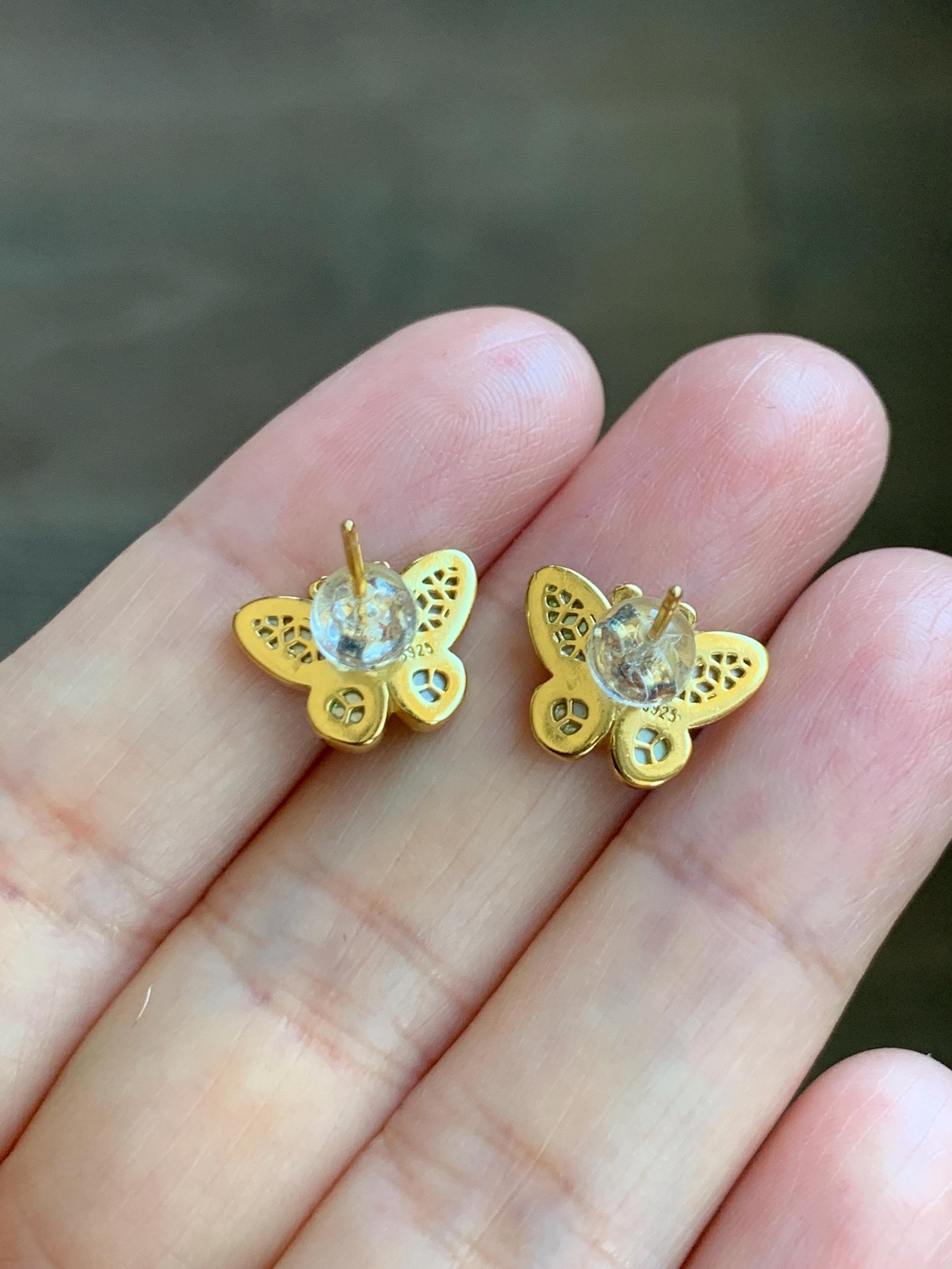 Certified Natural Grade A Icy Vibrant Green Jade Jadeite & Mother Of Pearl Butterfly Stud Earrings Sterling Silver 天然阳绿花青翡翠贝母银镶蝴蝶耳钉 440