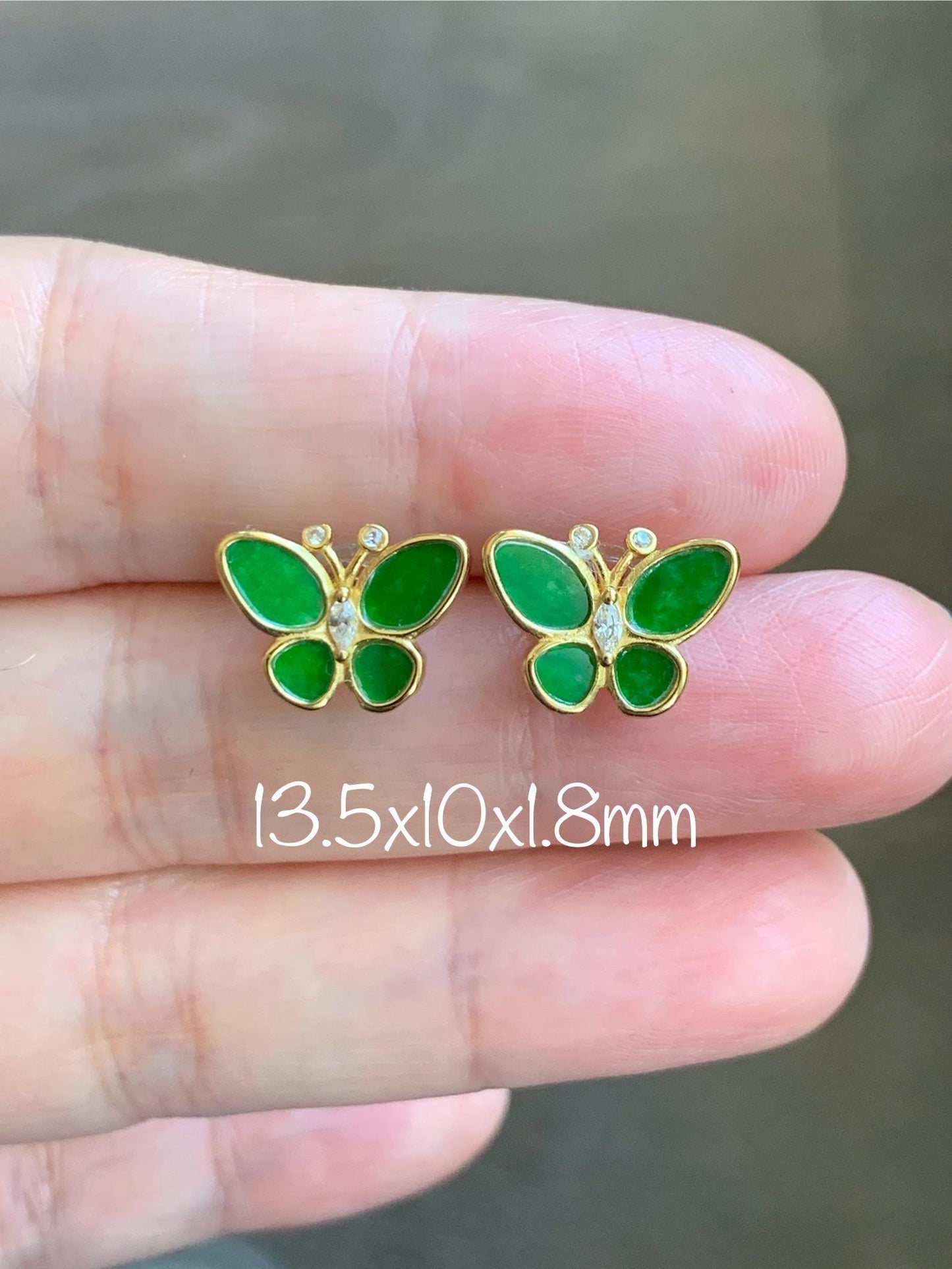 Certified Natural Grade A Icy Vibrant Green Jade Jadeite & Mother Of Pearl Butterfly Stud Earrings Sterling Silver 天然阳绿花青翡翠贝母银镶蝴蝶耳钉 440
