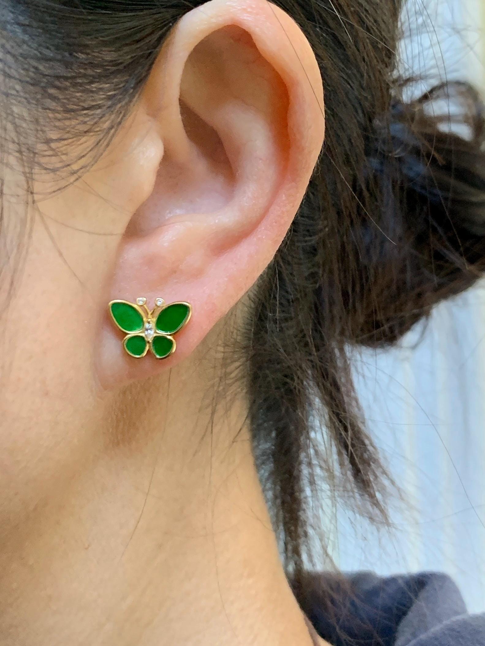 Certified Natural Grade A Icy Vibrant Green Jade Jadeite & Mother Of Pearl Butterfly Stud Earrings Sterling Silver 天然阳绿花青翡翠贝母银镶蝴蝶耳钉 440