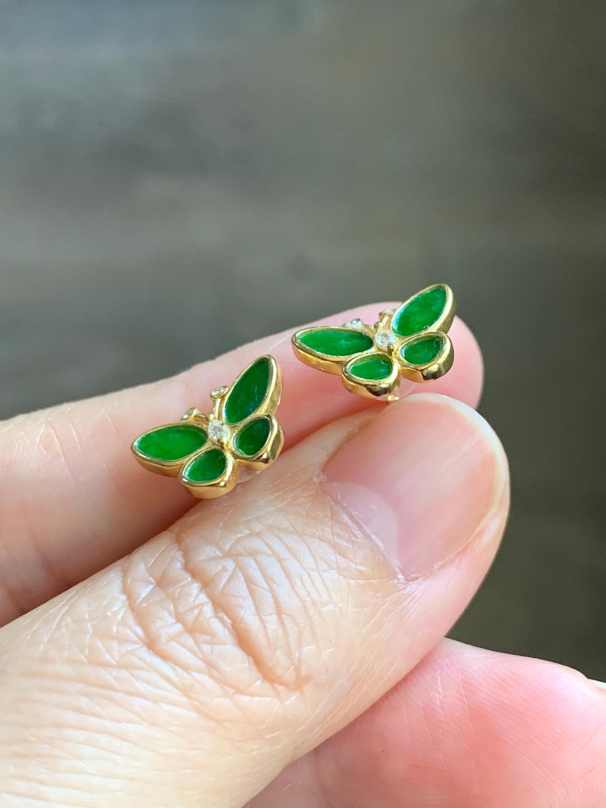 Certified Natural Grade A Icy Vibrant Green Jade Jadeite & Mother Of Pearl Butterfly Stud Earrings Sterling Silver 天然阳绿花青翡翠贝母银镶蝴蝶耳钉 440