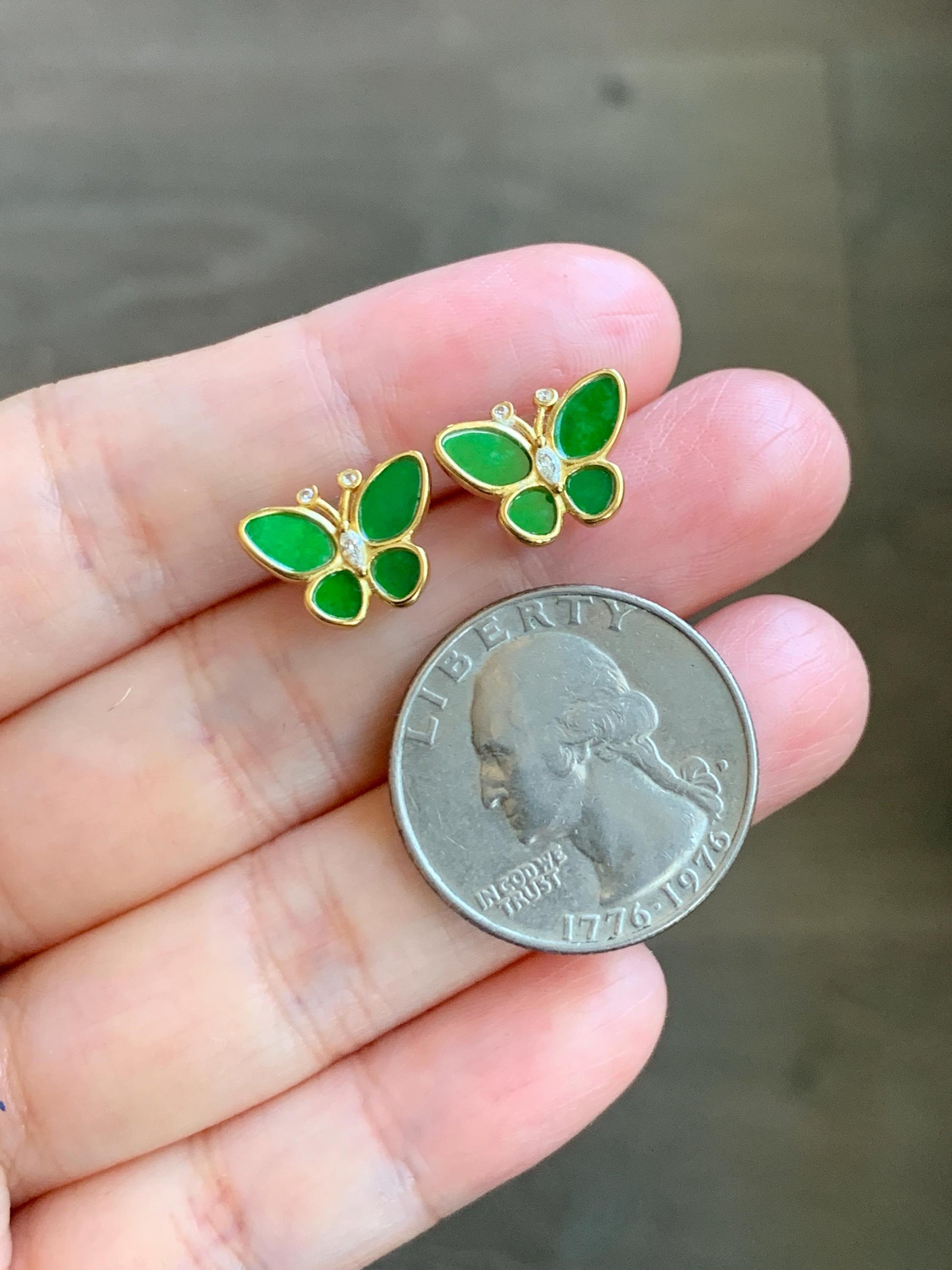 Certified Natural Grade A Icy Vibrant Green Jade Jadeite & Mother Of Pearl Butterfly Stud Earrings Sterling Silver 天然阳绿花青翡翠贝母银镶蝴蝶耳钉 440