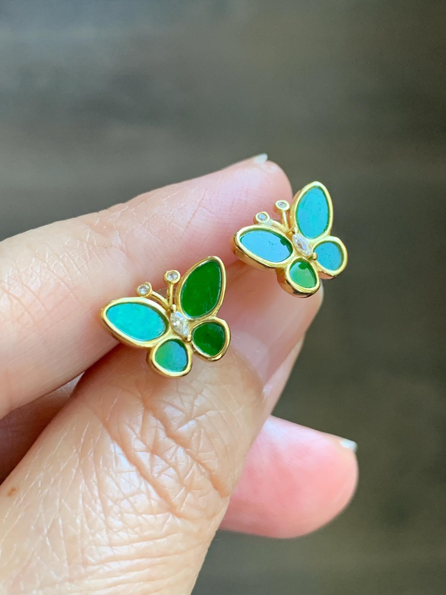 Certified Natural Grade A Icy Vibrant Green Jade Jadeite & Mother Of Pearl Butterfly Stud Earrings Sterling Silver 天然阳绿花青翡翠贝母银镶蝴蝶耳钉 440
