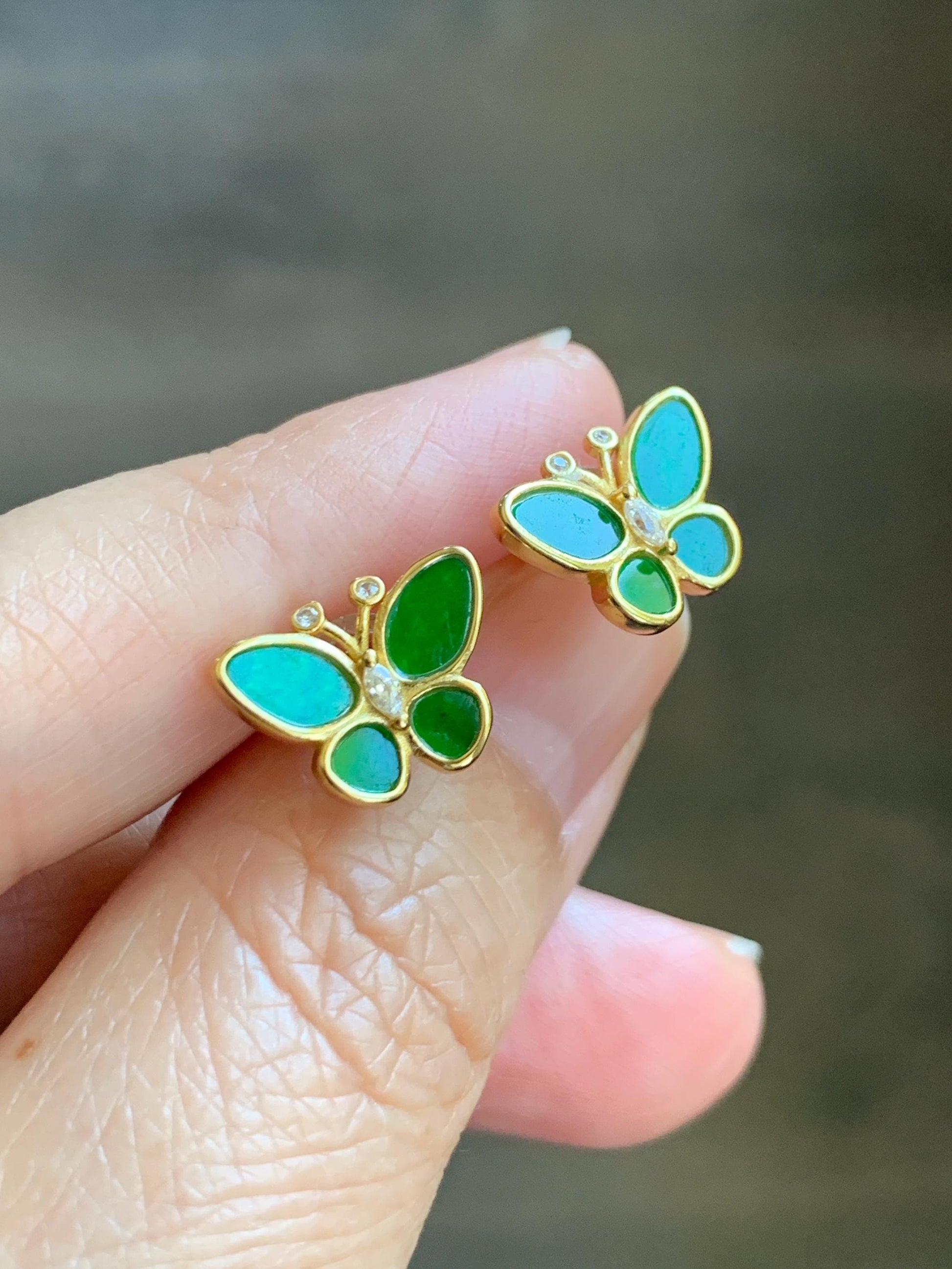 Certified Natural Grade A Icy Vibrant Green Jade Jadeite & Mother Of Pearl Butterfly Stud Earrings Sterling Silver 天然阳绿花青翡翠贝母银镶蝴蝶耳钉 440