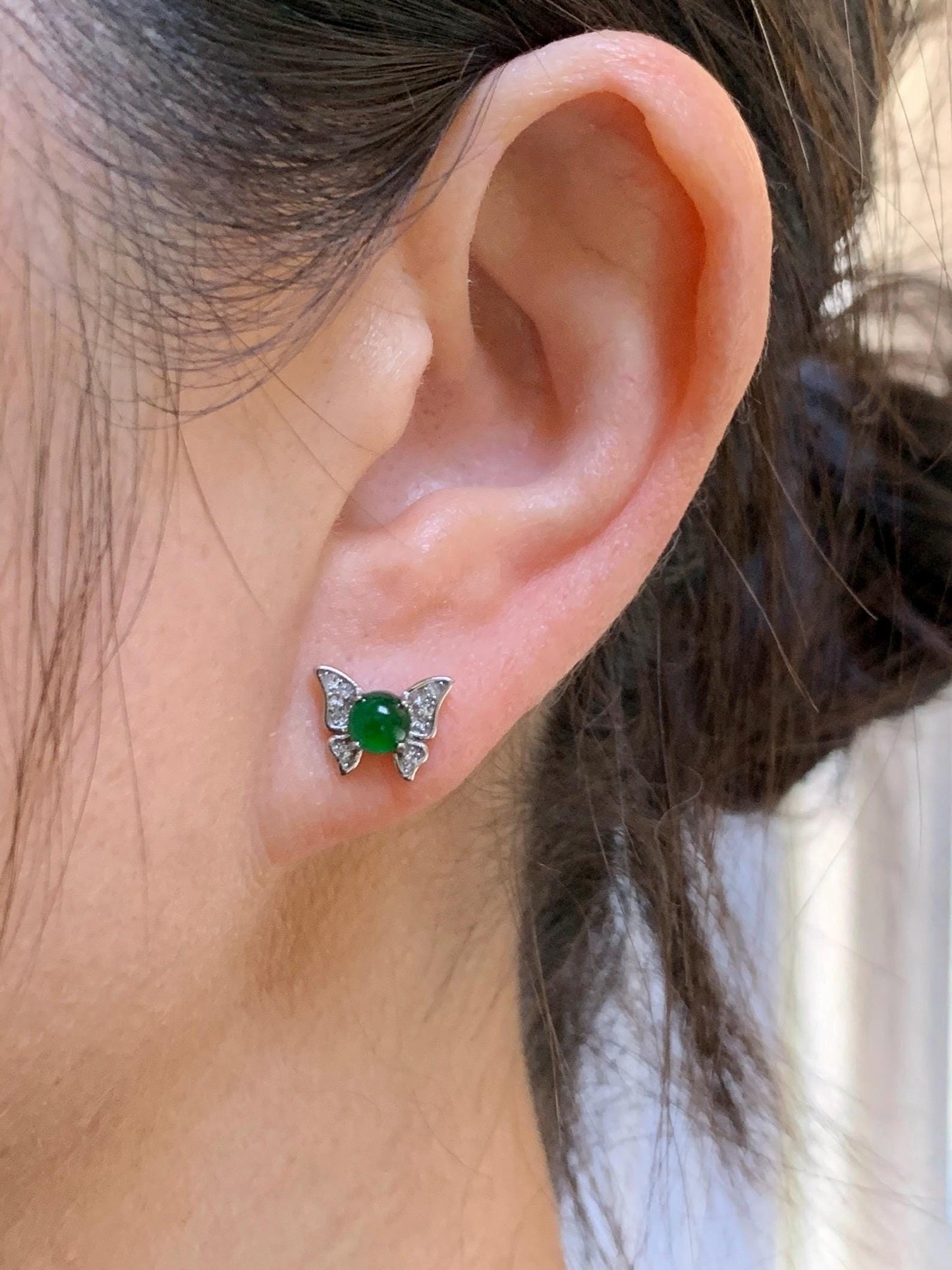 Natural Grade A Guatemalan Icy Translucent Vibrant Green Jade Jadeite Butterfly Stud Earrings Sterling Silver 天然冰危绿翡翠蝴蝶镶嵌耳钉 WYD77