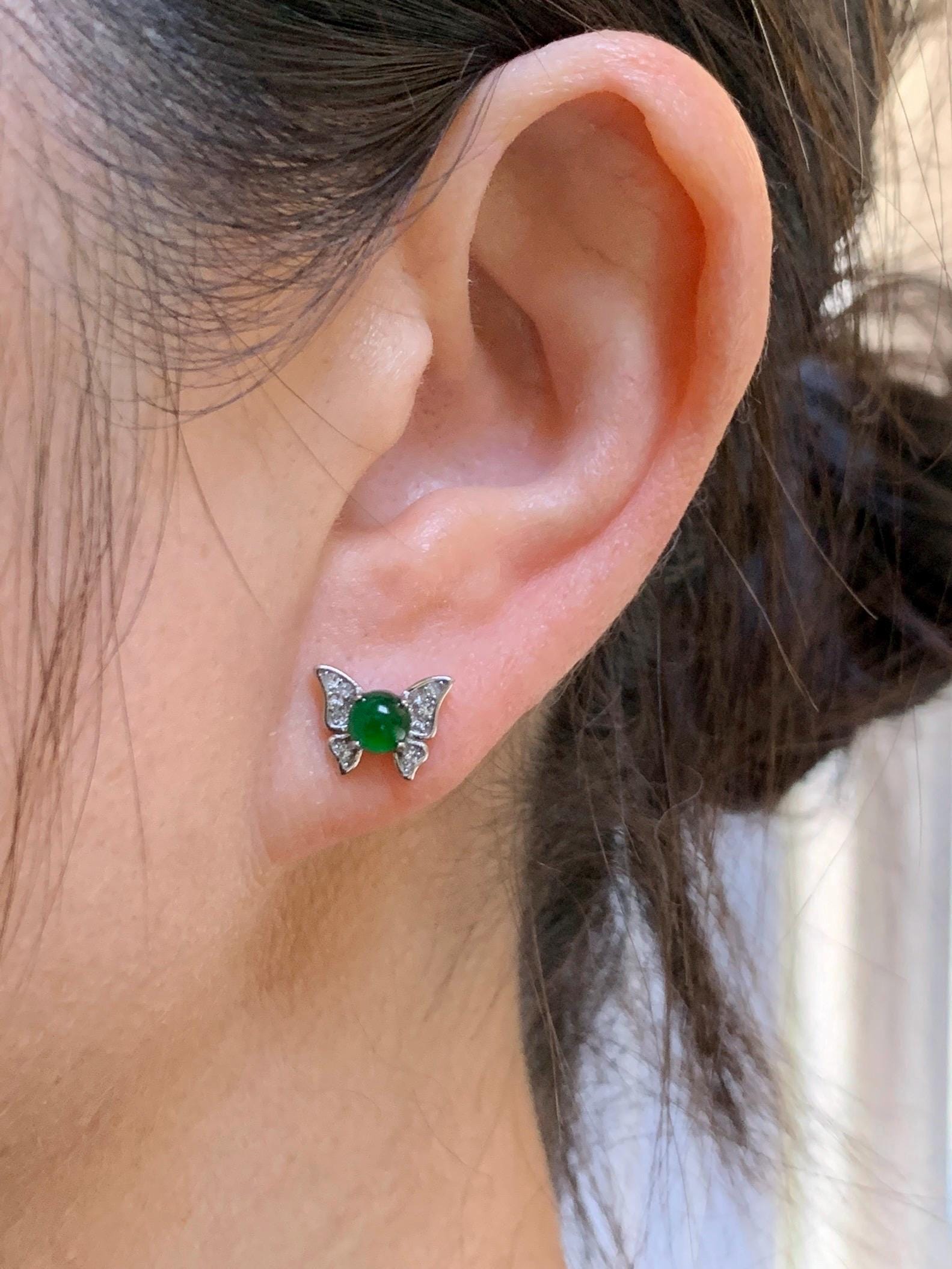 Natural Grade A Guatemalan Icy Translucent Vibrant Green Jade Jadeite Butterfly Stud Earrings Sterling Silver 天然冰危绿翡翠蝴蝶镶嵌耳钉 WYD77