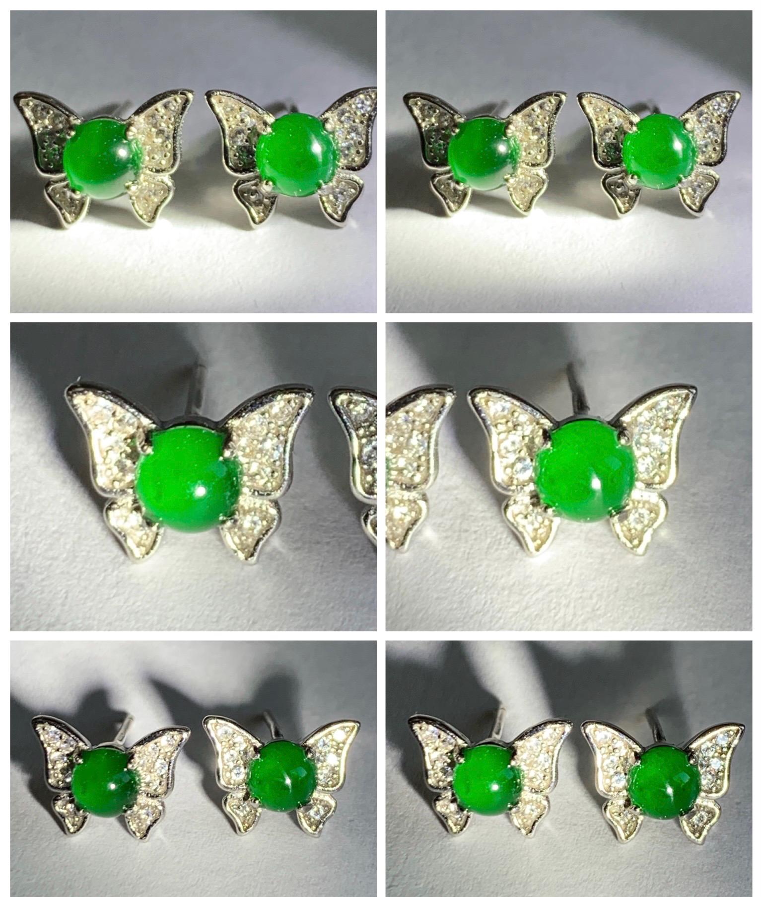 Natural Grade A Guatemalan Icy Translucent Vibrant Green Jade Jadeite Butterfly Stud Earrings Sterling Silver 天然冰危绿翡翠蝴蝶镶嵌耳钉 WYD77