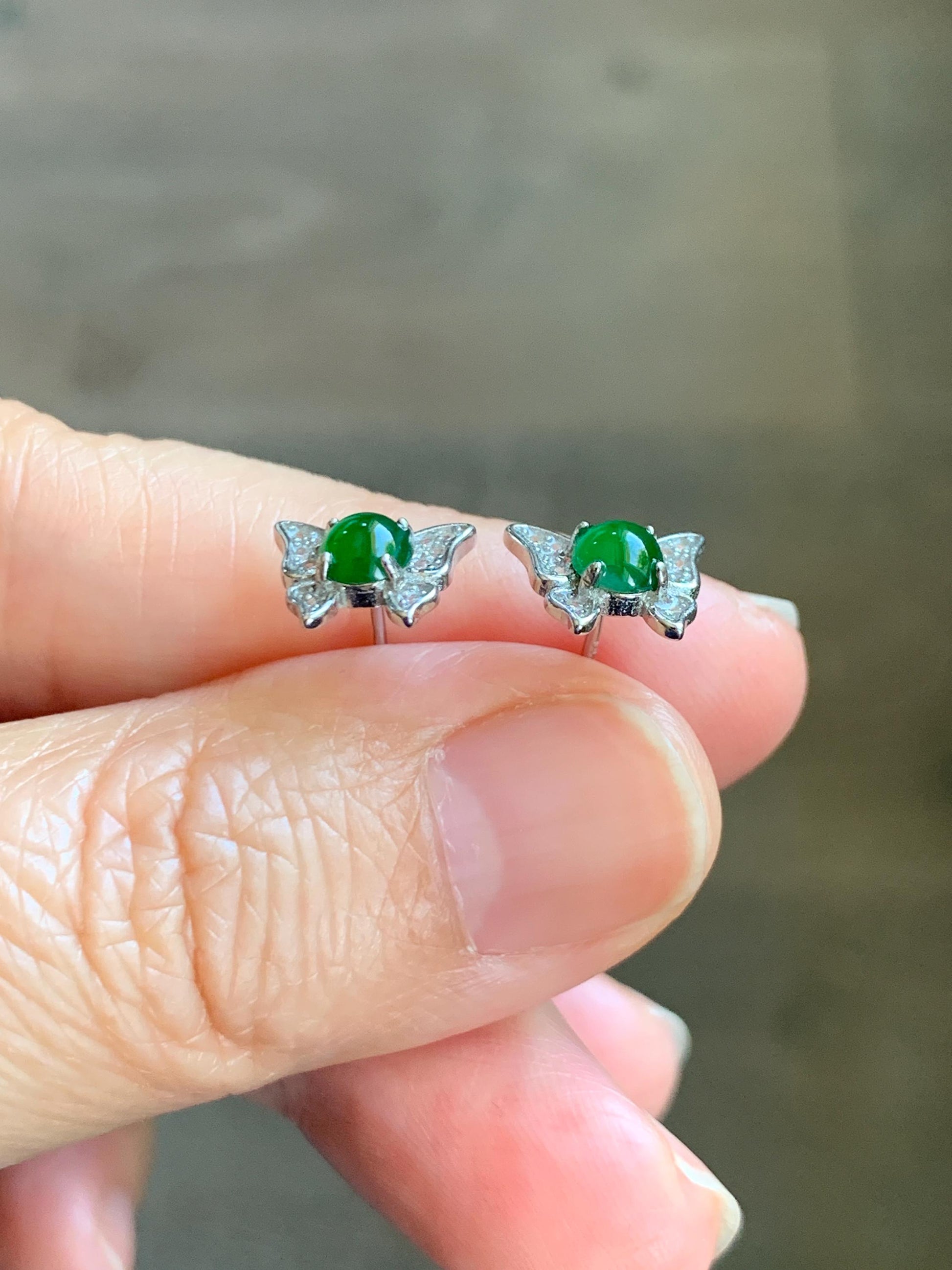 Natural Grade A Guatemalan Icy Translucent Vibrant Green Jade Jadeite Butterfly Stud Earrings Sterling Silver 天然冰危绿翡翠蝴蝶镶嵌耳钉 WYD77