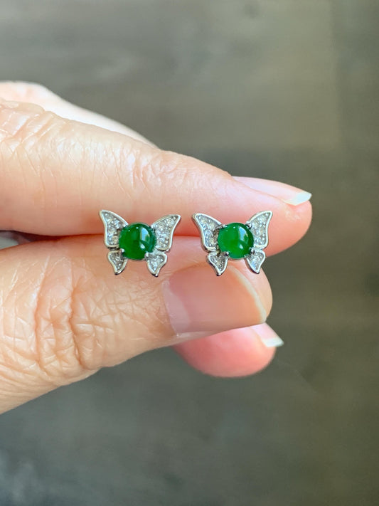 Natural Grade A Guatemalan Icy Translucent Vibrant Green Jade Jadeite Butterfly Stud Earrings Sterling Silver 天然冰危绿翡翠蝴蝶镶嵌耳钉 WYD77