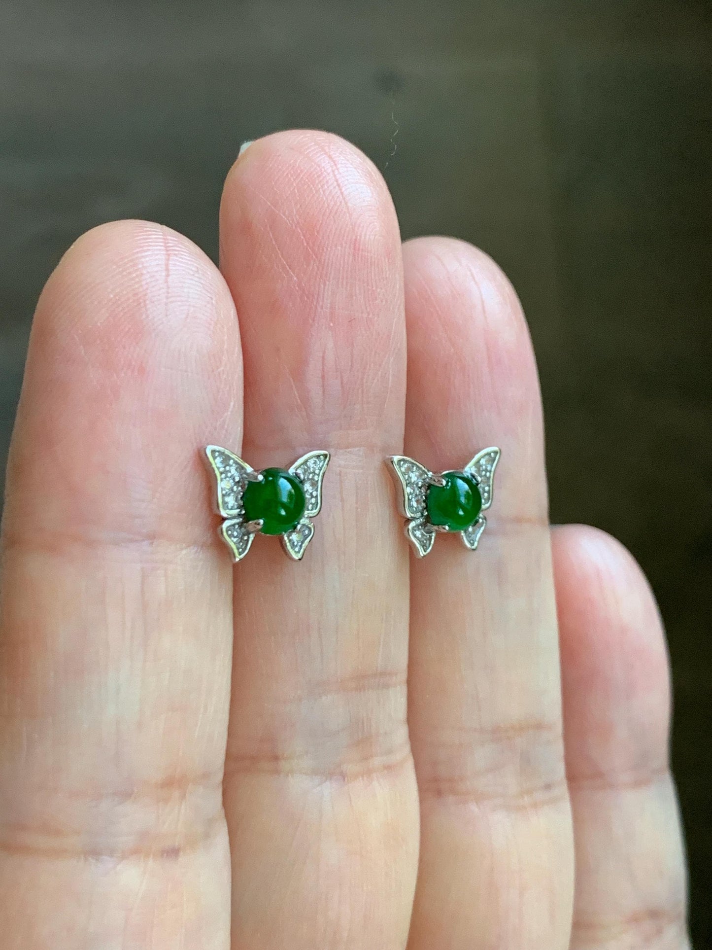 Natural Grade A Guatemalan Icy Translucent Vibrant Green Jade Jadeite Butterfly Stud Earrings Sterling Silver 天然冰危绿翡翠蝴蝶镶嵌耳钉 WYD77