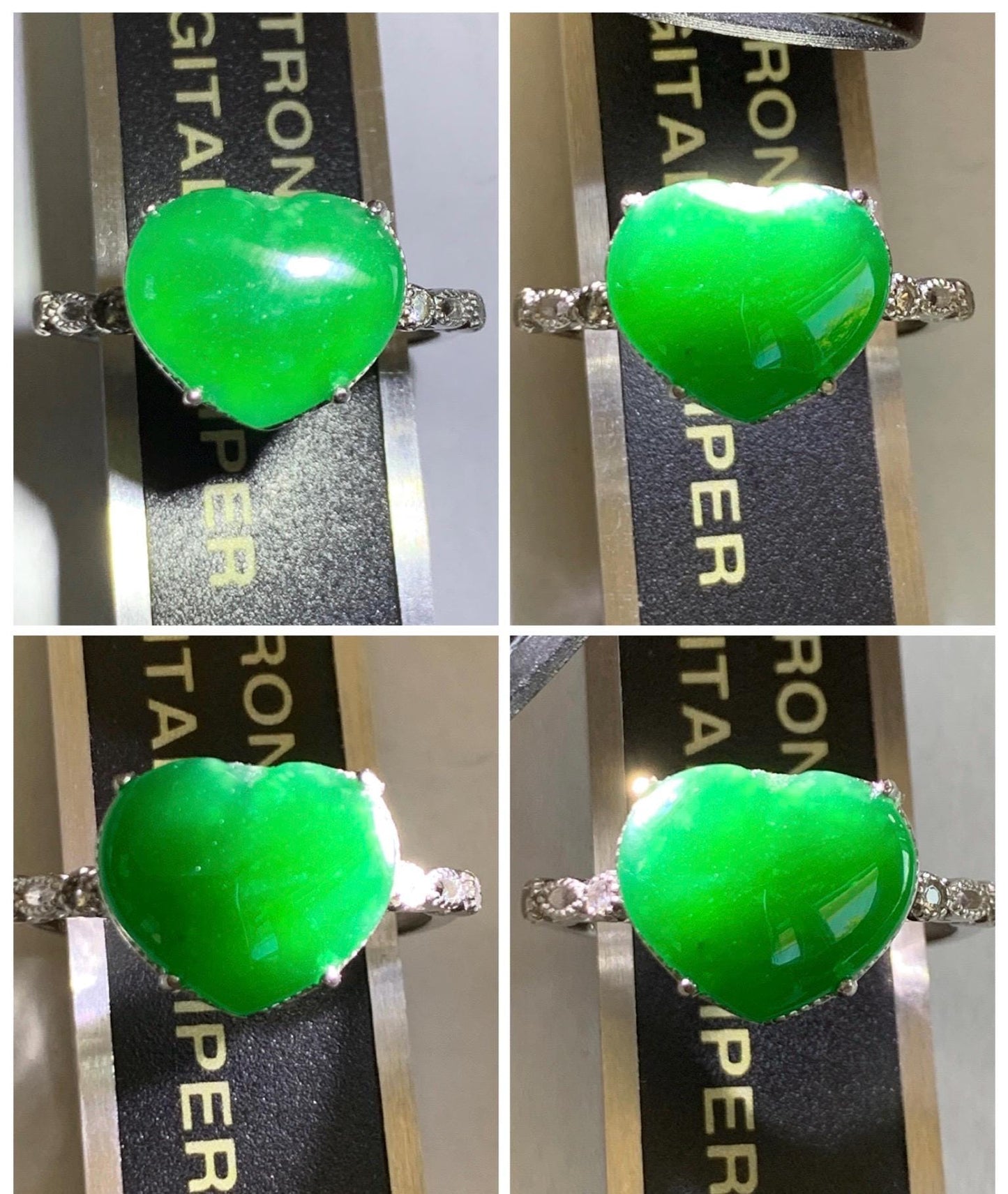 Natural Grade A Guatemalan Icy Translucent Intense Green Jade Jadeite Heart Ring Sterling Silver Size Adjustable 天然冰危深绿翡翠爱心蛋面银镶戒指 WSL140