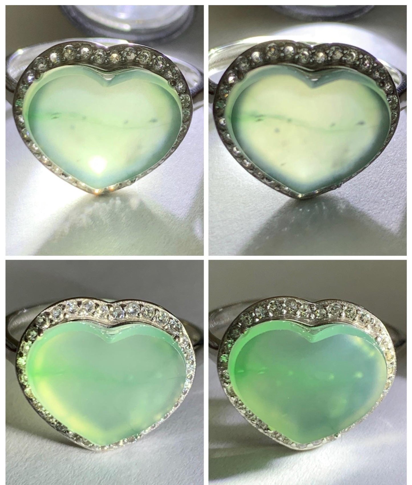 Natural Grade A Guatemalan Icy Highly Translucent Pastel Green Jade Jadeite Heart Ring Sterling Silver Size Adjustable 天然冰危浅绿翡翠爱心银镶戒指 WQL140