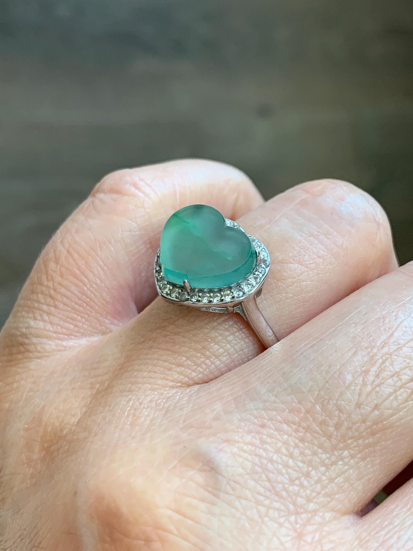 Natural Grade A Guatemalan Icy Highly Translucent Pastel Green Jade Jadeite Heart Ring Sterling Silver Size Adjustable 天然冰危浅绿翡翠爱心银镶戒指 WQL140