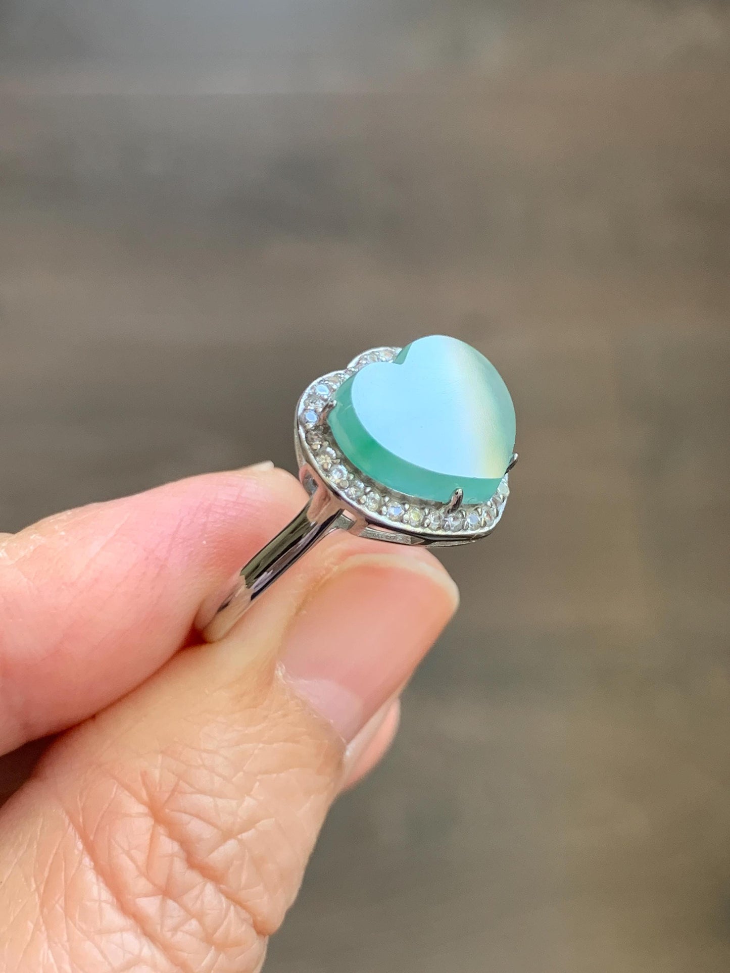 Natural Grade A Guatemalan Icy Highly Translucent Pastel Green Jade Jadeite Heart Ring Sterling Silver Size Adjustable 天然冰危浅绿翡翠爱心银镶戒指 WQL140