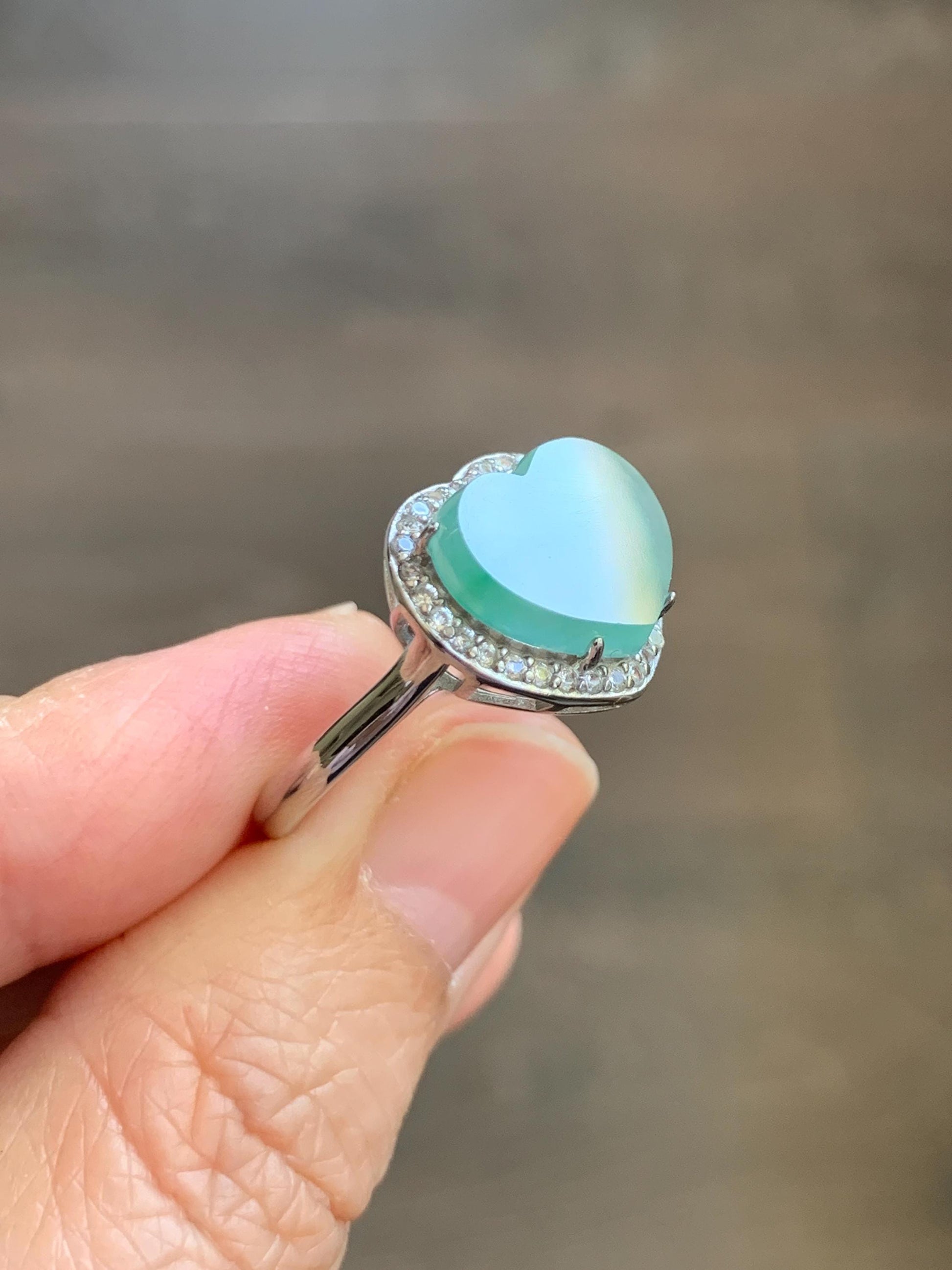 Natural Grade A Guatemalan Icy Highly Translucent Pastel Green Jade Jadeite Heart Ring Sterling Silver Size Adjustable 天然冰危浅绿翡翠爱心银镶戒指 WQL140