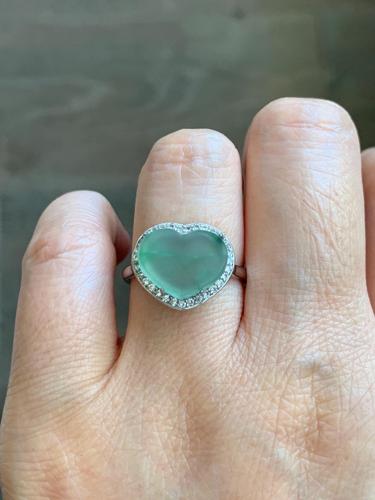 Natural Grade A Guatemalan Icy Highly Translucent Pastel Green Jade Jadeite Heart Ring Sterling Silver Size Adjustable 天然冰危浅绿翡翠爱心银镶戒指 WQL140