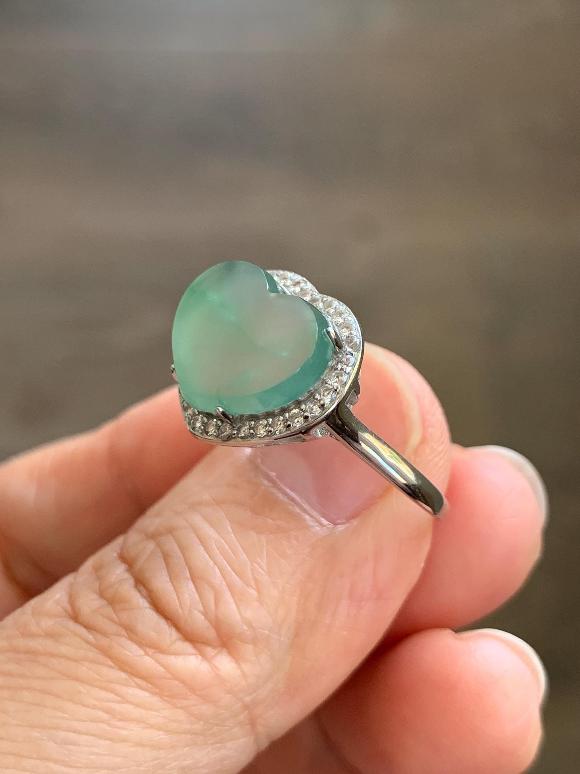 Natural Grade A Guatemalan Icy Highly Translucent Pastel Green Jade Jadeite Heart Ring Sterling Silver Size Adjustable 天然冰危浅绿翡翠爱心银镶戒指 WQL140