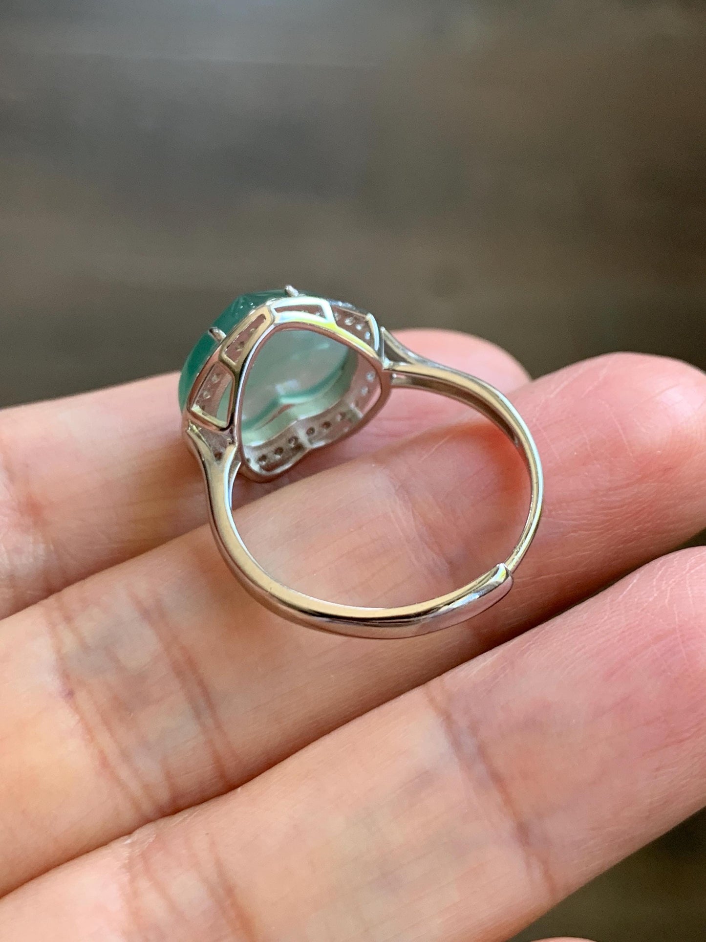 Natural Grade A Guatemalan Icy Highly Translucent Pastel Green Jade Jadeite Heart Ring Sterling Silver Size Adjustable 天然冰危浅绿翡翠爱心银镶戒指 WQL140