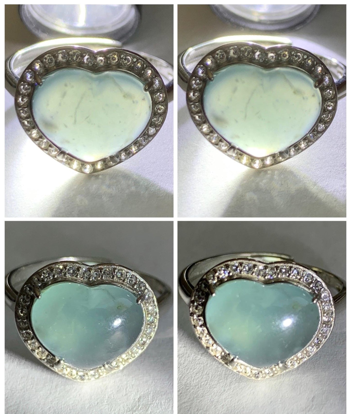 Natural Grade A Guatemalan Icy Highly Translucent Light Teal Jade Jadeite Heart Ring Sterling Silver Size Adjustable 天然冰危浅蓝翡翠爱心银镶戒指 WQB132