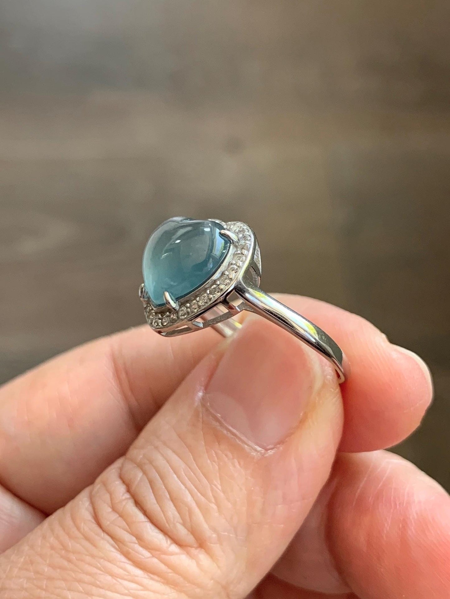 Natural Grade A Guatemalan Icy Highly Translucent Light Teal Jade Jadeite Heart Ring Sterling Silver Size Adjustable 天然冰危浅蓝翡翠爱心银镶戒指 WQB132