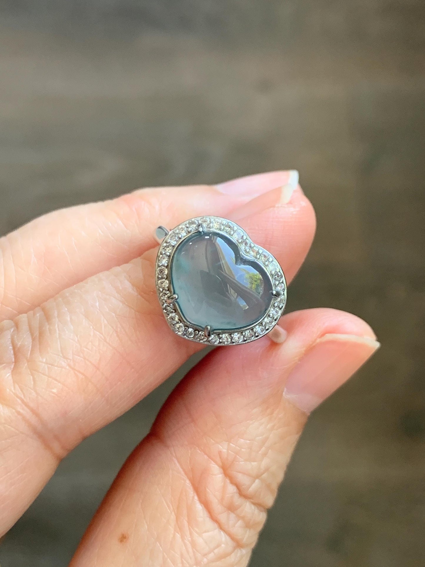 Natural Grade A Guatemalan Icy Highly Translucent Light Teal Jade Jadeite Heart Ring Sterling Silver Size Adjustable 天然冰危浅蓝翡翠爱心银镶戒指 WQB132