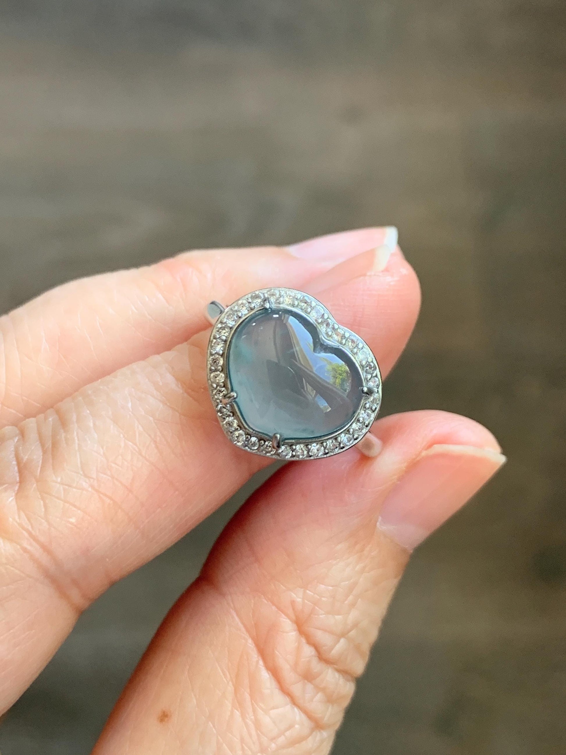 Natural Grade A Guatemalan Icy Highly Translucent Light Teal Jade Jadeite Heart Ring Sterling Silver Size Adjustable 天然冰危浅蓝翡翠爱心银镶戒指 WQB132