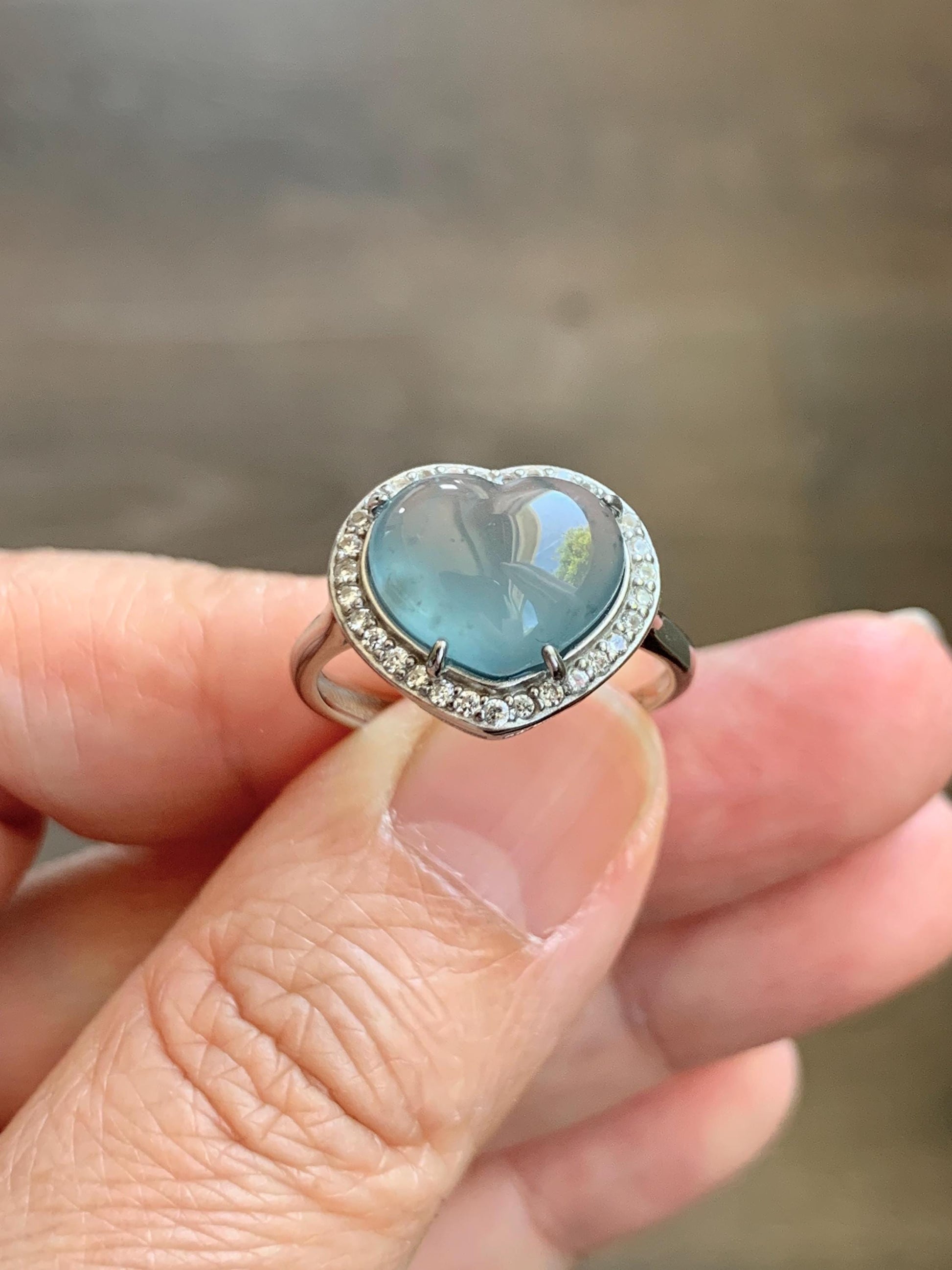 Natural Grade A Guatemalan Icy Highly Translucent Light Teal Jade Jadeite Heart Ring Sterling Silver Size Adjustable 天然冰危浅蓝翡翠爱心银镶戒指 WQB132