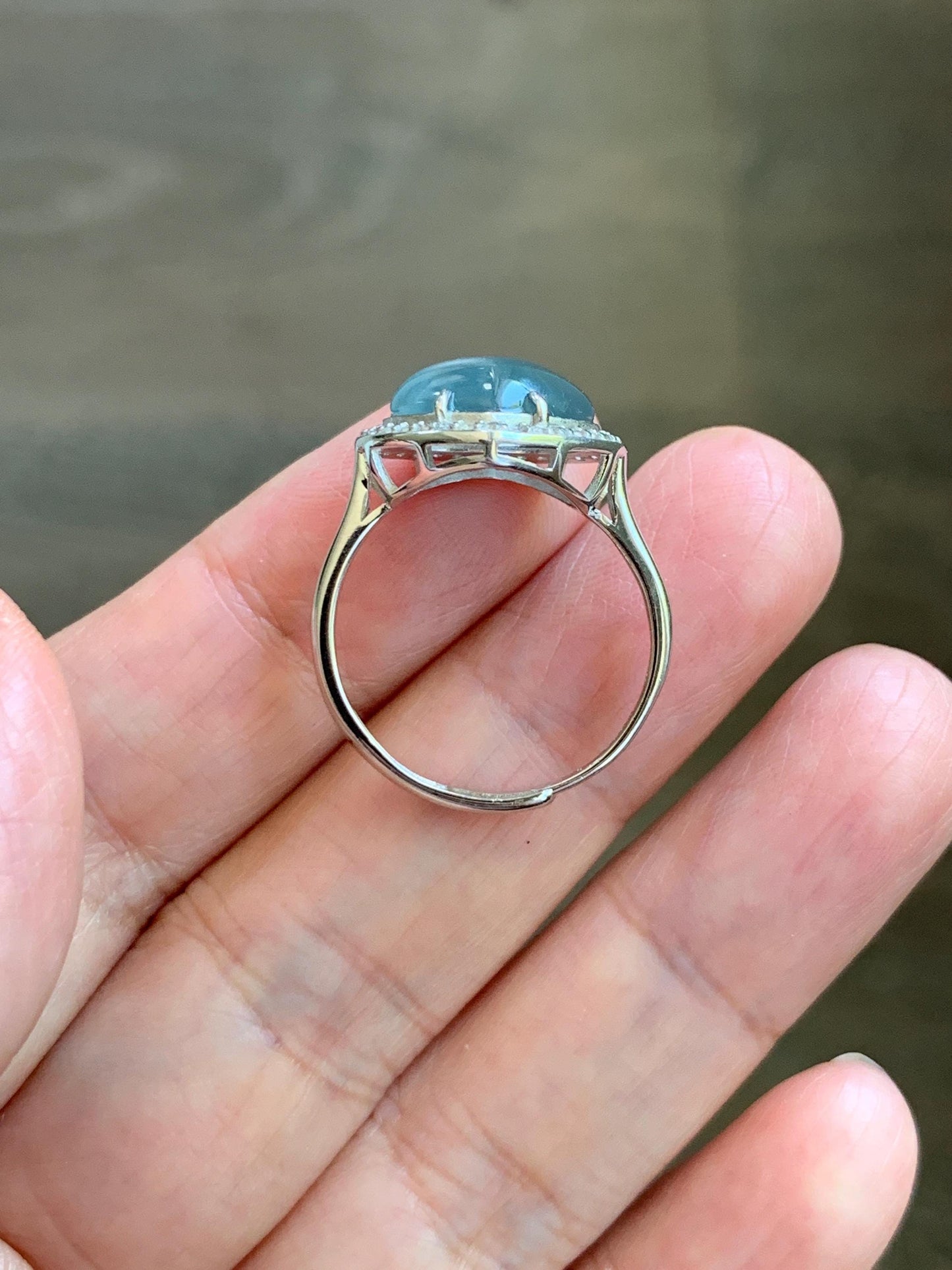Natural Grade A Guatemalan Icy Highly Translucent Light Teal Jade Jadeite Heart Ring Sterling Silver Size Adjustable 天然冰危浅蓝翡翠爱心银镶戒指 WQB132