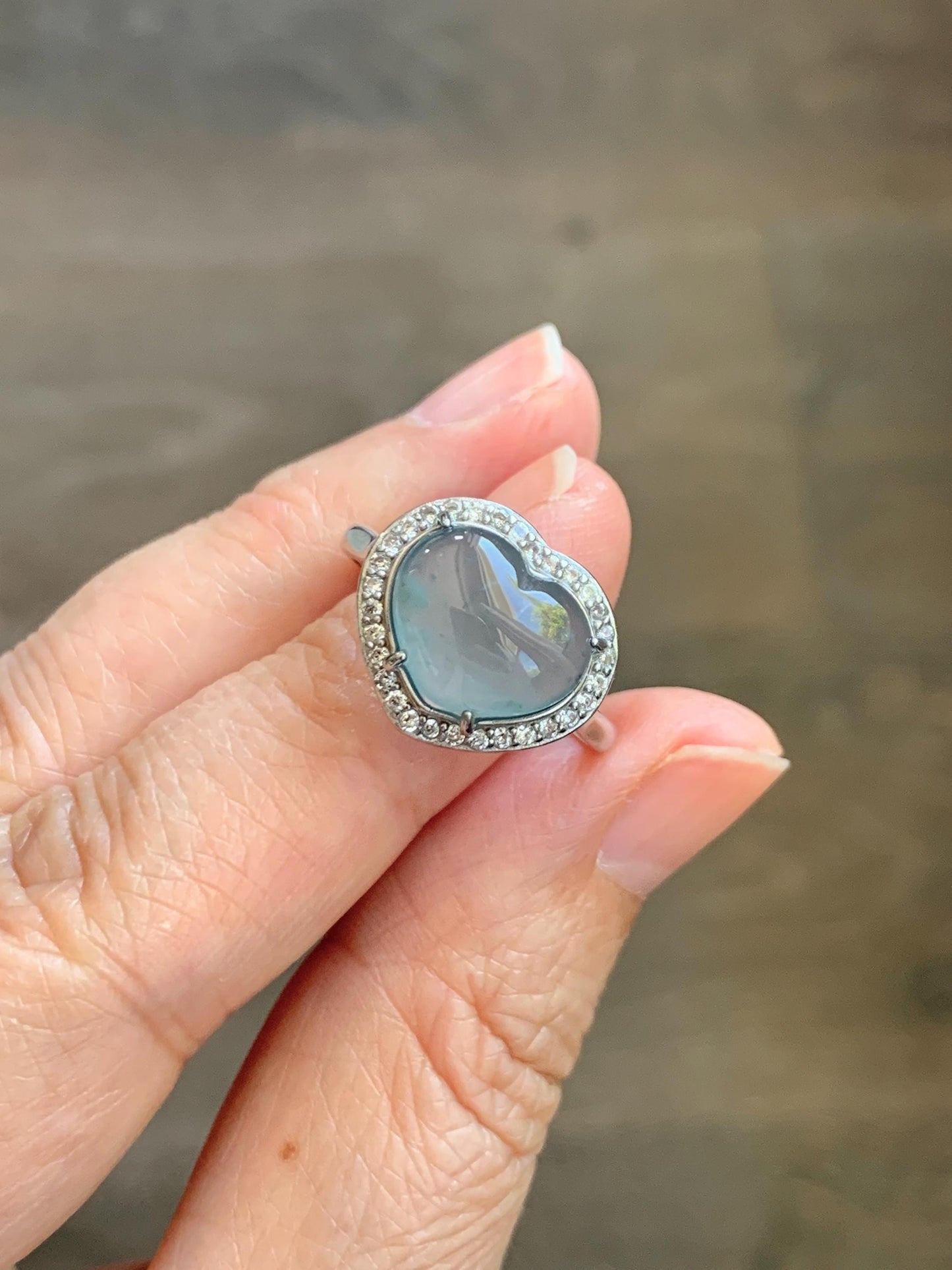 Natural Grade A Guatemalan Icy Highly Translucent Light Teal Jade Jadeite Heart Ring Sterling Silver Size Adjustable 天然冰危浅蓝翡翠爱心银镶戒指 WQB132