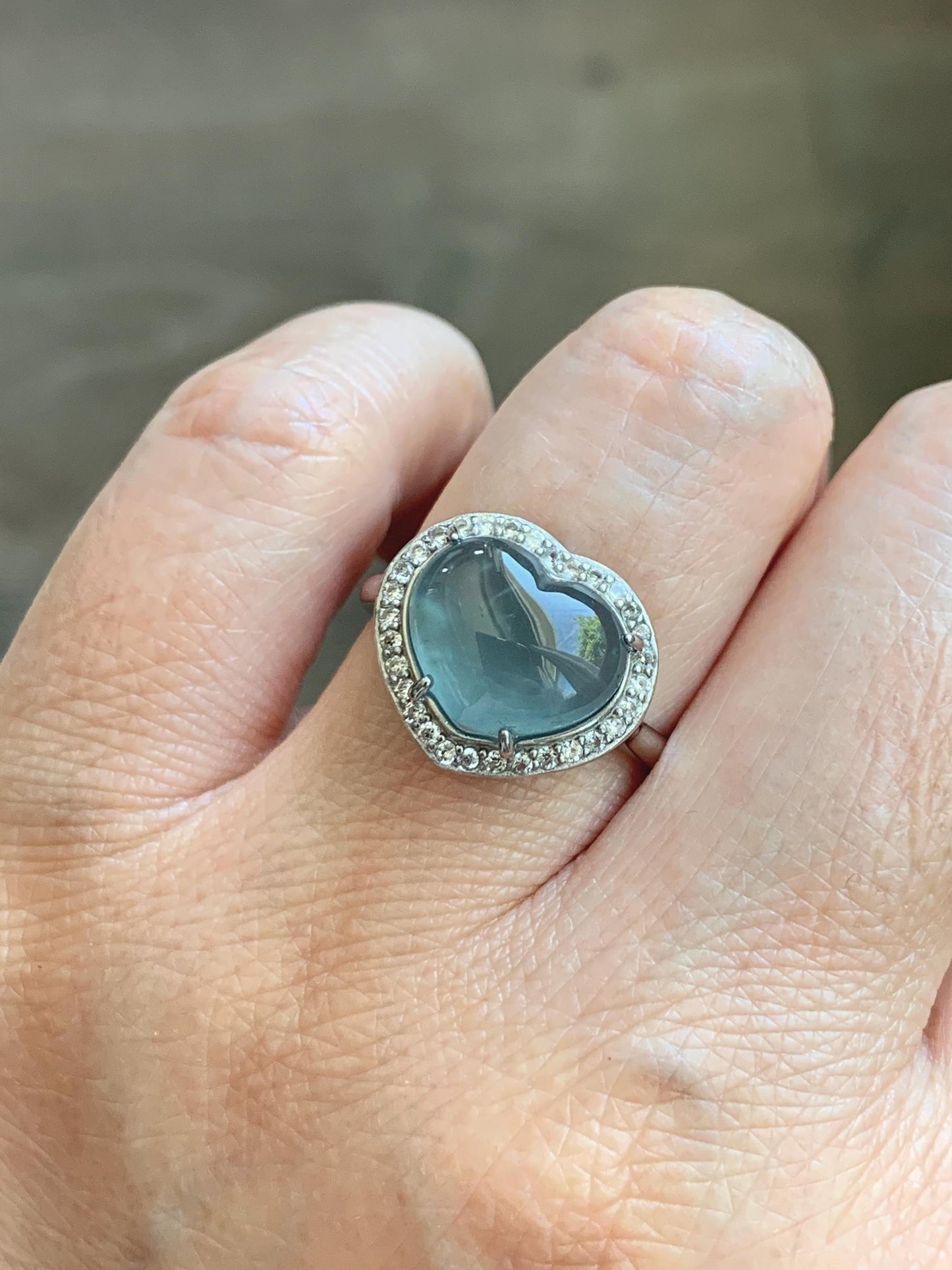 Natural Grade A Guatemalan Icy Highly Translucent Light Teal Jade Jadeite Heart Ring Sterling Silver Size Adjustable 天然冰危浅蓝翡翠爱心银镶戒指 WQB132