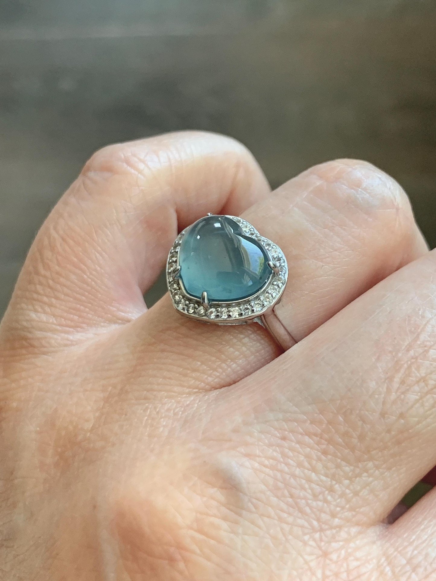 Natural Grade A Guatemalan Icy Highly Translucent Light Teal Jade Jadeite Heart Ring Sterling Silver Size Adjustable 天然冰危浅蓝翡翠爱心银镶戒指 WQB132