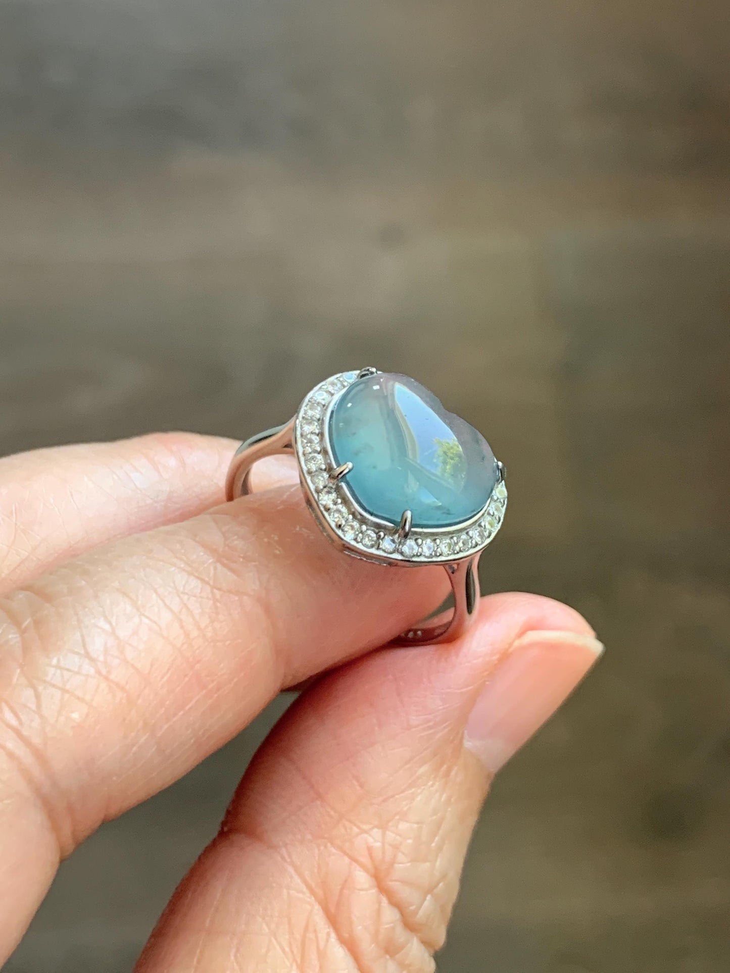 Natural Grade A Guatemalan Icy Highly Translucent Light Teal Jade Jadeite Heart Ring Sterling Silver Size Adjustable 天然冰危浅蓝翡翠爱心银镶戒指 WQB132
