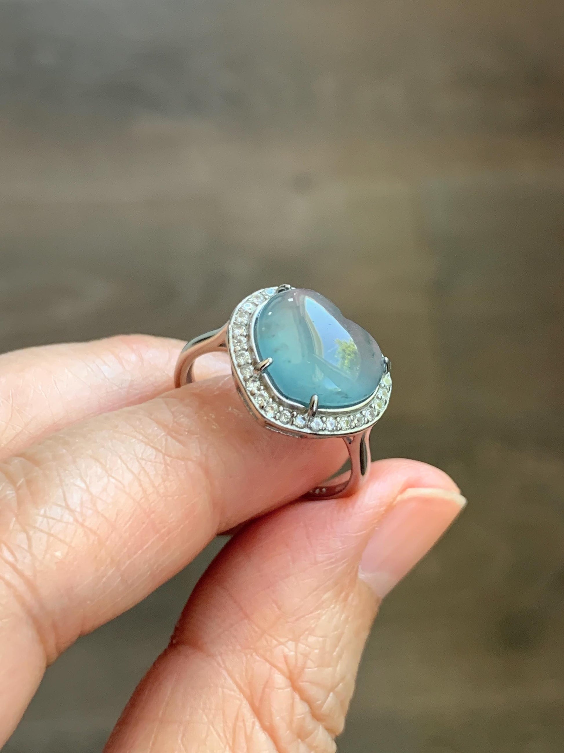 Natural Grade A Guatemalan Icy Highly Translucent Light Teal Jade Jadeite Heart Ring Sterling Silver Size Adjustable 天然冰危浅蓝翡翠爱心银镶戒指 WQB132