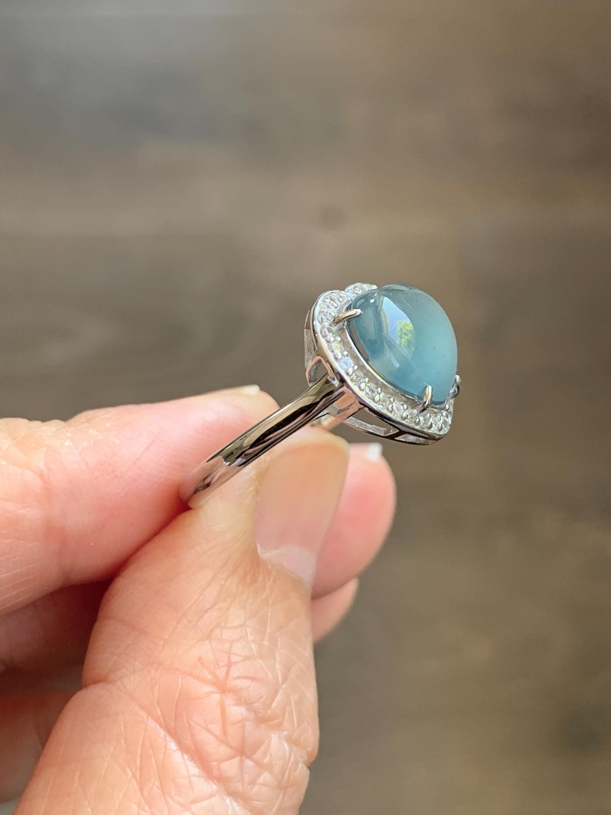Natural Grade A Guatemalan Icy Highly Translucent Light Teal Jade Jadeite Heart Ring Sterling Silver Size Adjustable 天然冰危浅蓝翡翠爱心银镶戒指 WQB132