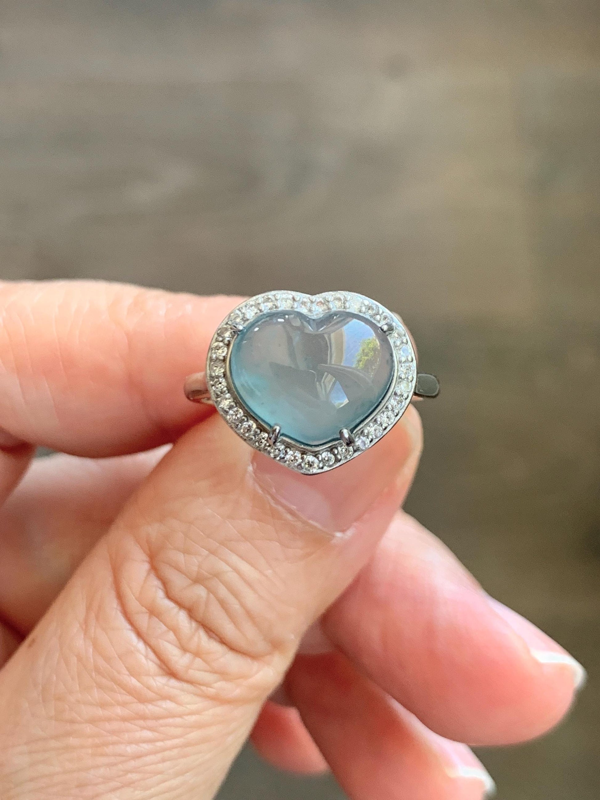Natural Grade A Guatemalan Icy Highly Translucent Light Teal Jade Jadeite Heart Ring Sterling Silver Size Adjustable 天然冰危浅蓝翡翠爱心银镶戒指 WQB132