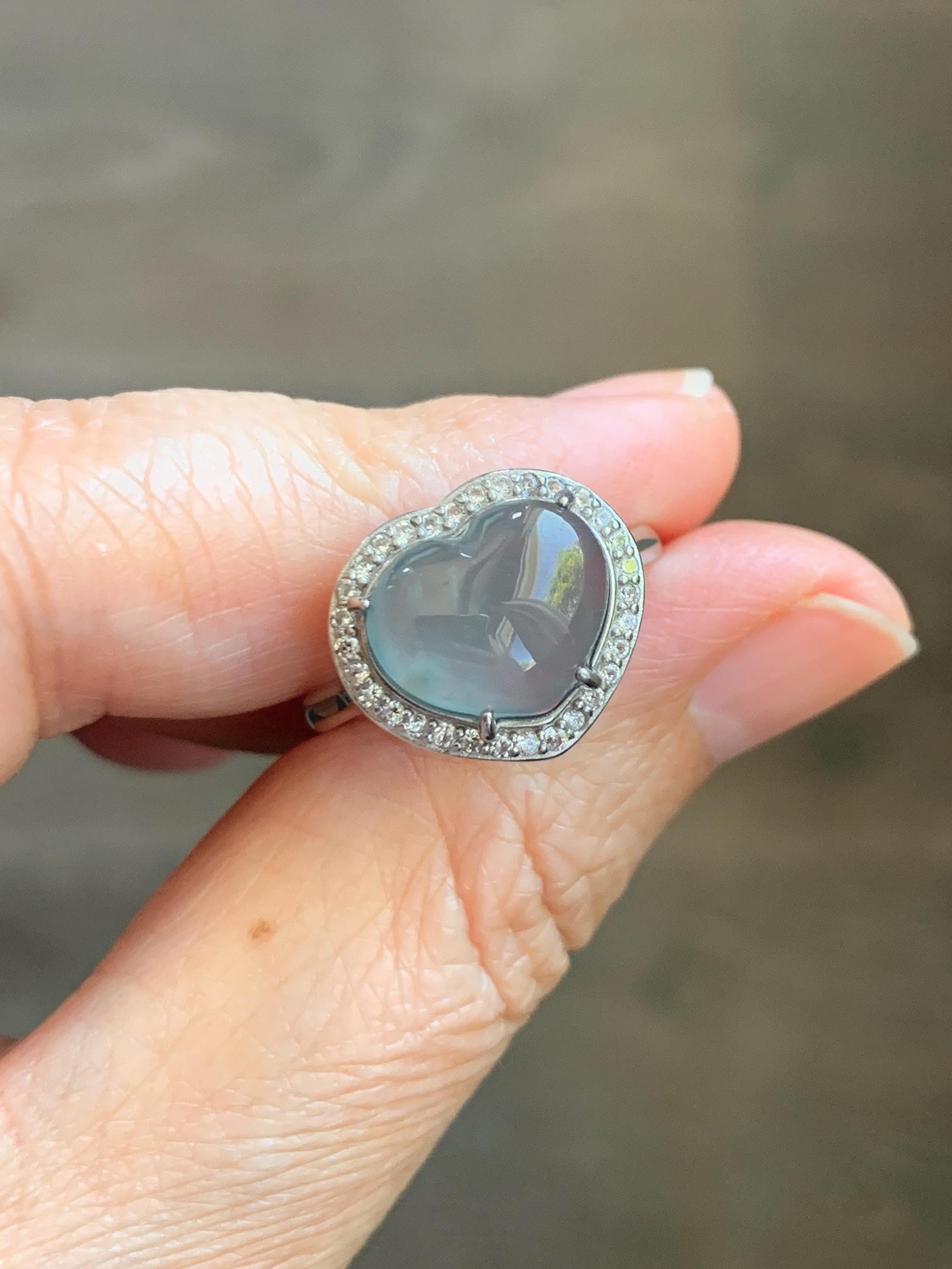 Natural Grade A Guatemalan Icy Highly Translucent Light Teal Jade Jadeite Heart Ring Sterling Silver Size Adjustable 天然冰危浅蓝翡翠爱心银镶戒指 WQB132