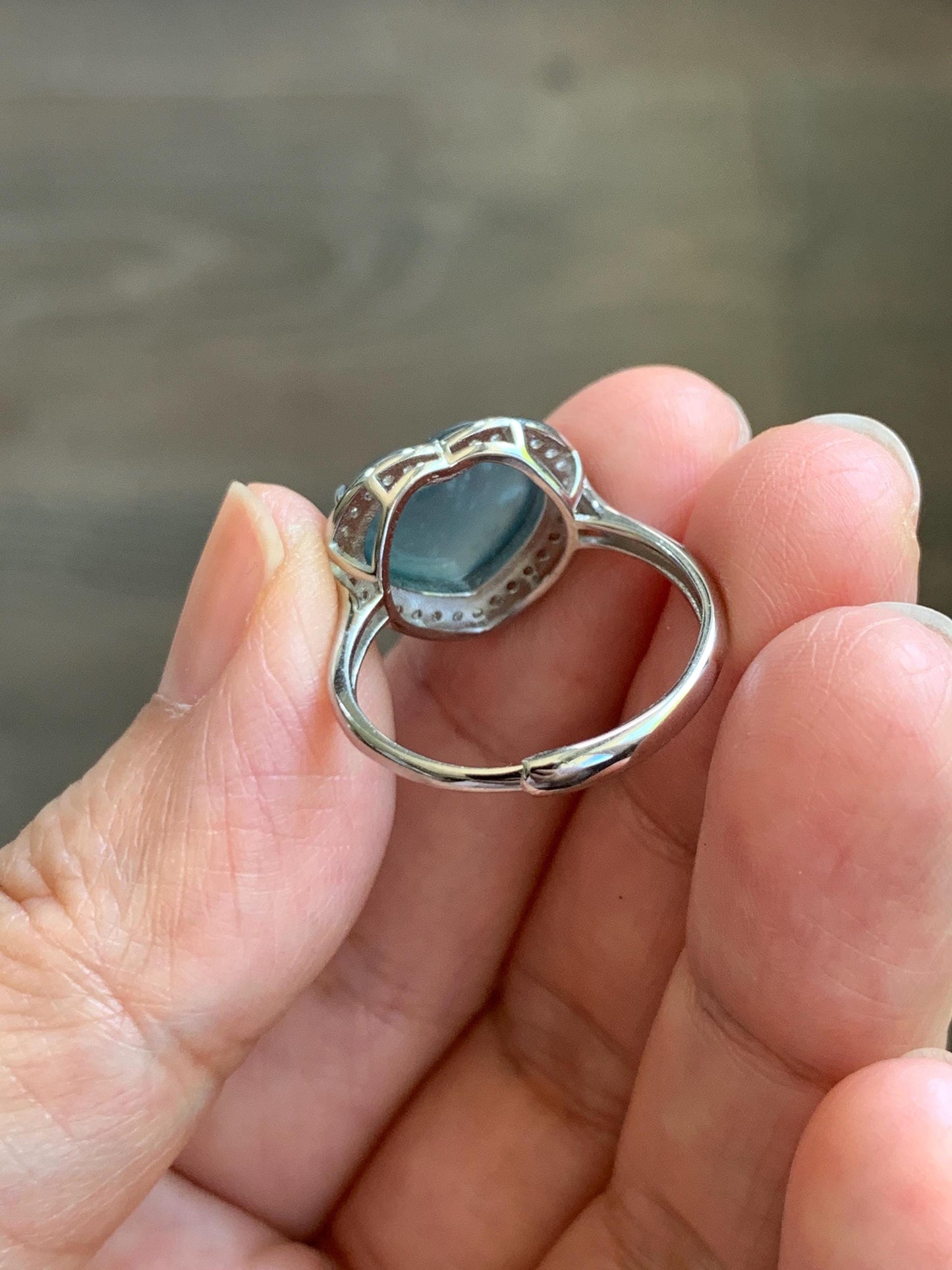 Natural Grade A Guatemalan Icy Highly Translucent Light Teal Jade Jadeite Heart Ring Sterling Silver Size Adjustable 天然冰危浅蓝翡翠爱心银镶戒指 WQB132