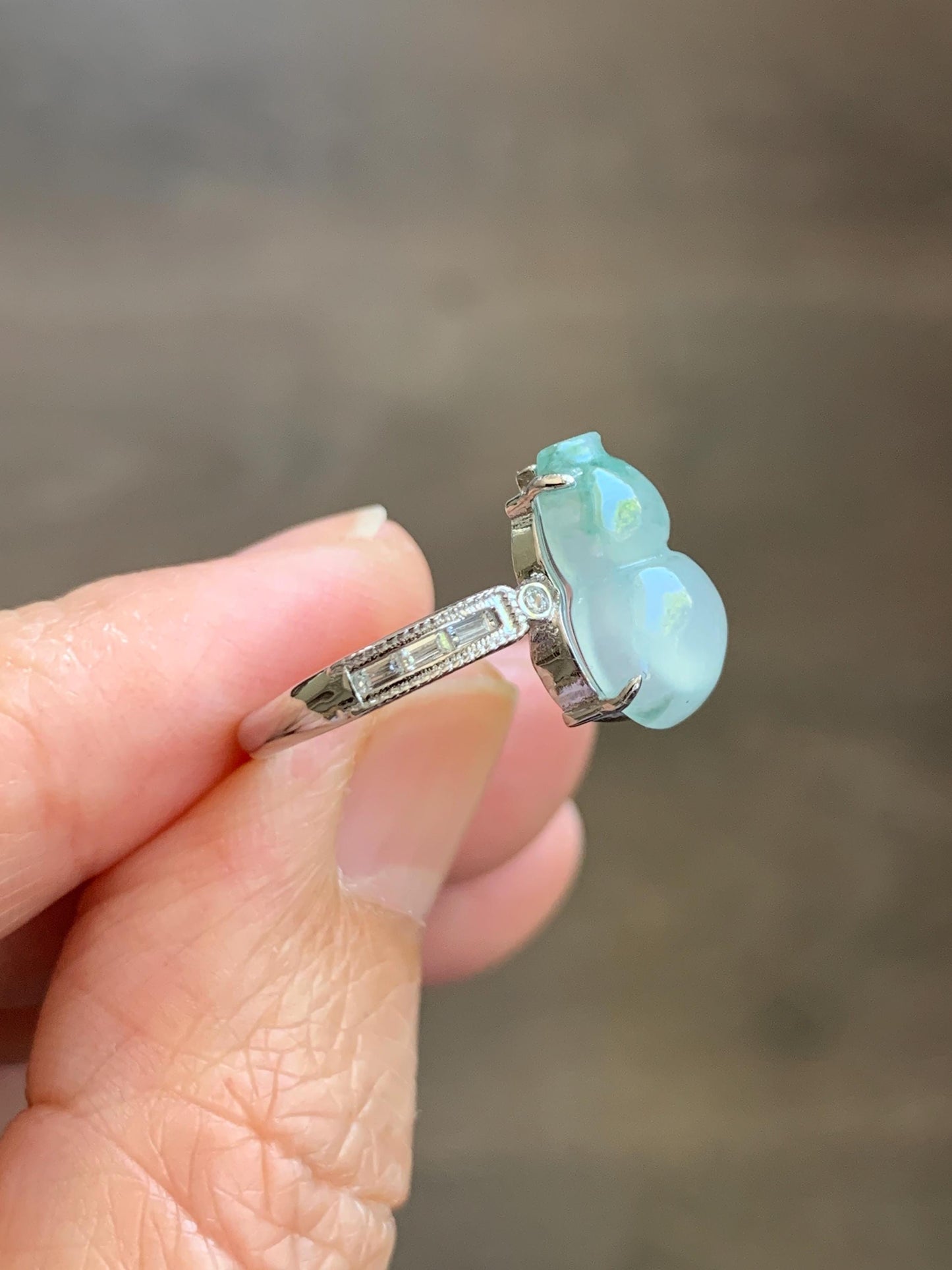 Natural Grade A Icy Highly Translucent White Green Marbled Jade Jadeite Gourd Hulu Ring Sterling Silver Size Adjustable 天然白冰飘绿翡翠葫芦戒指 MBL88P